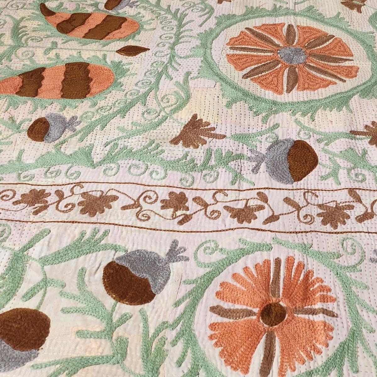 Vintage Suzani Kantha Throw - Apricot, Green, Ochre, Pale Pink & Lemon