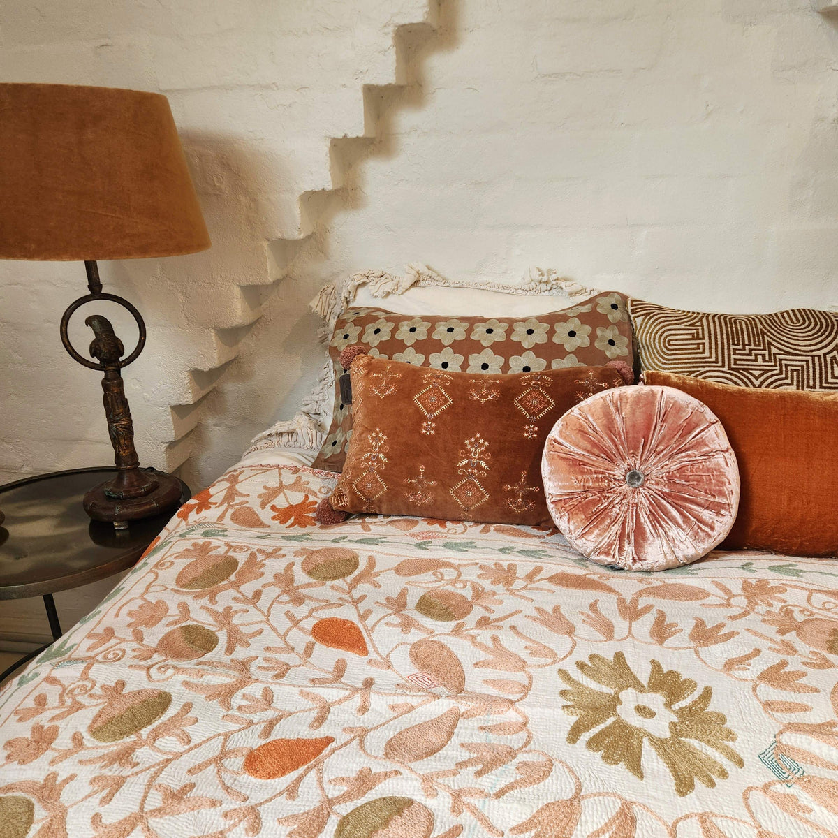 Vintage Suzani Kantha Throw - Peach, Mint, Green, Beige