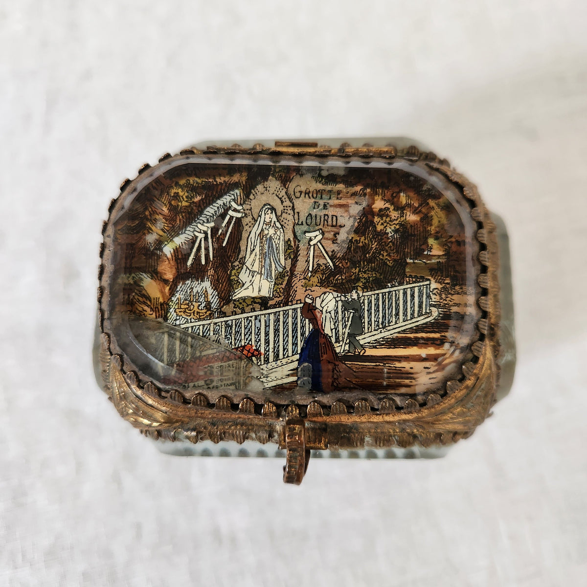 Lourdes scene on lid of Antique Napoleon III jewellery box