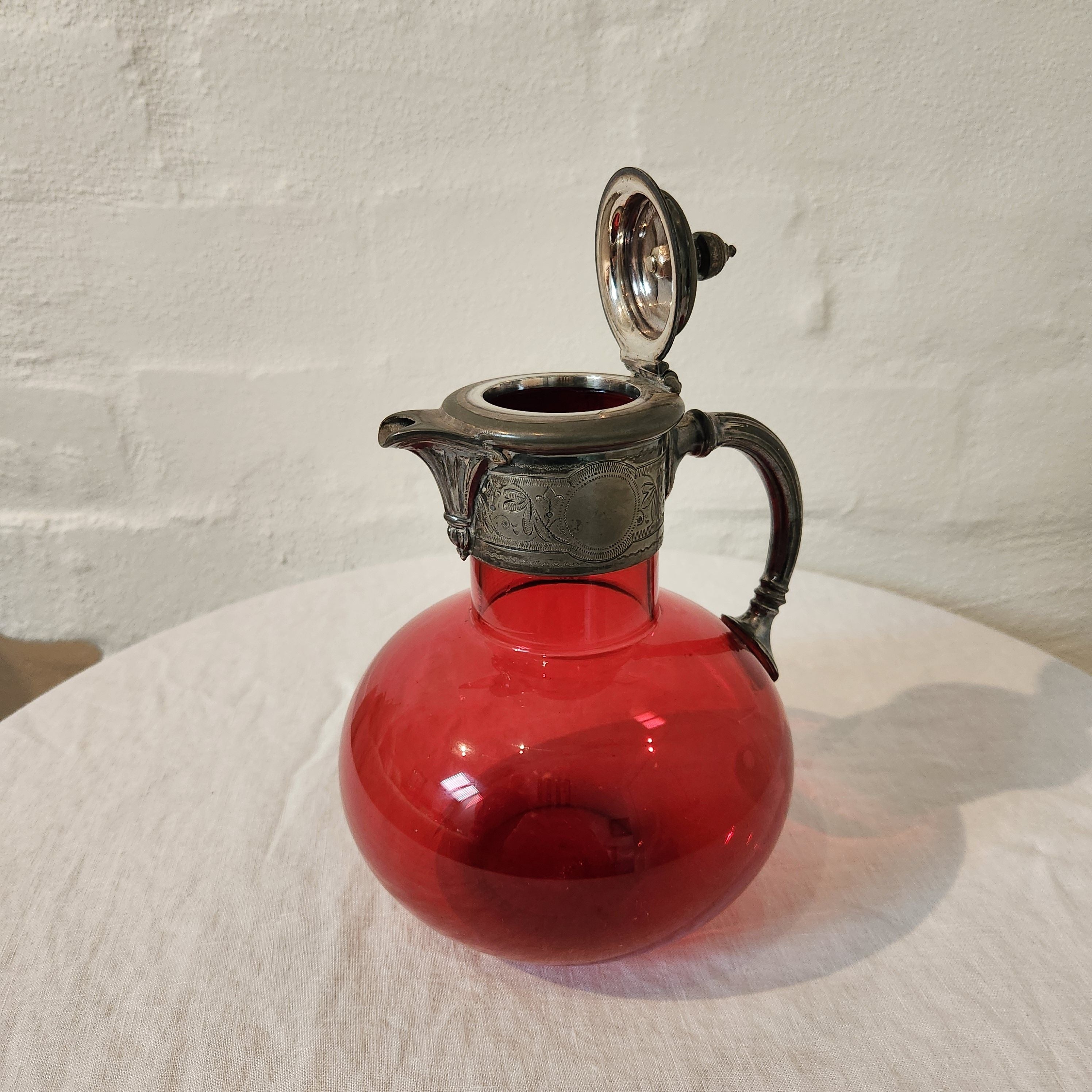 Antique Cranberry Glass Jug with Pewter
