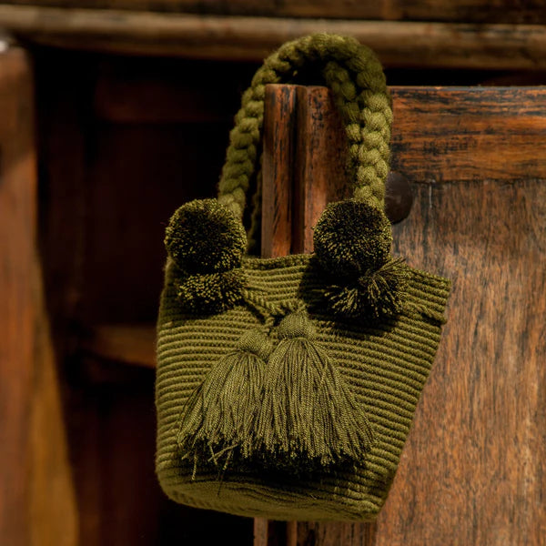 Wayuu Pom Pom Small Bag - Olive