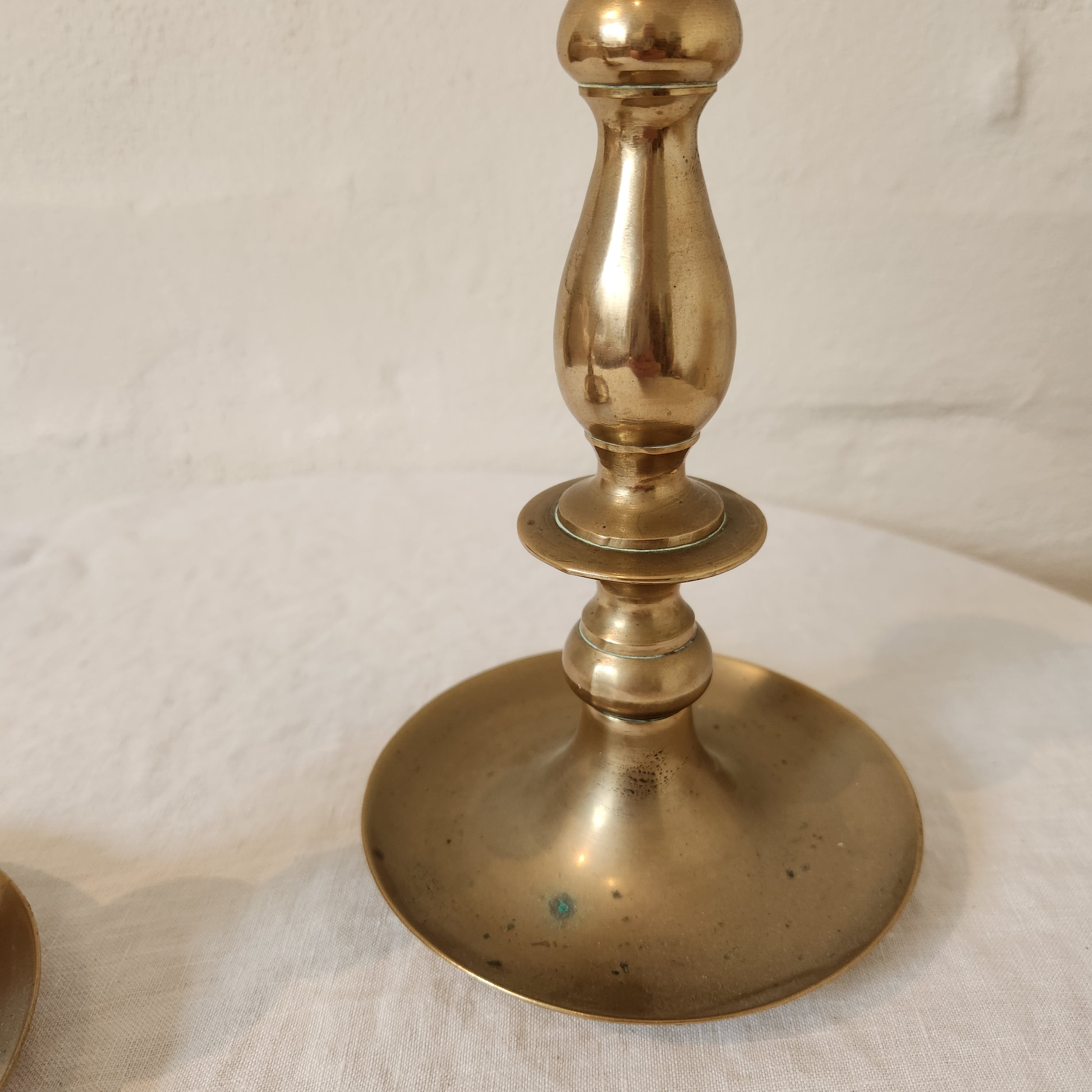 Antique Brass Candlestick Pair with Dish Base