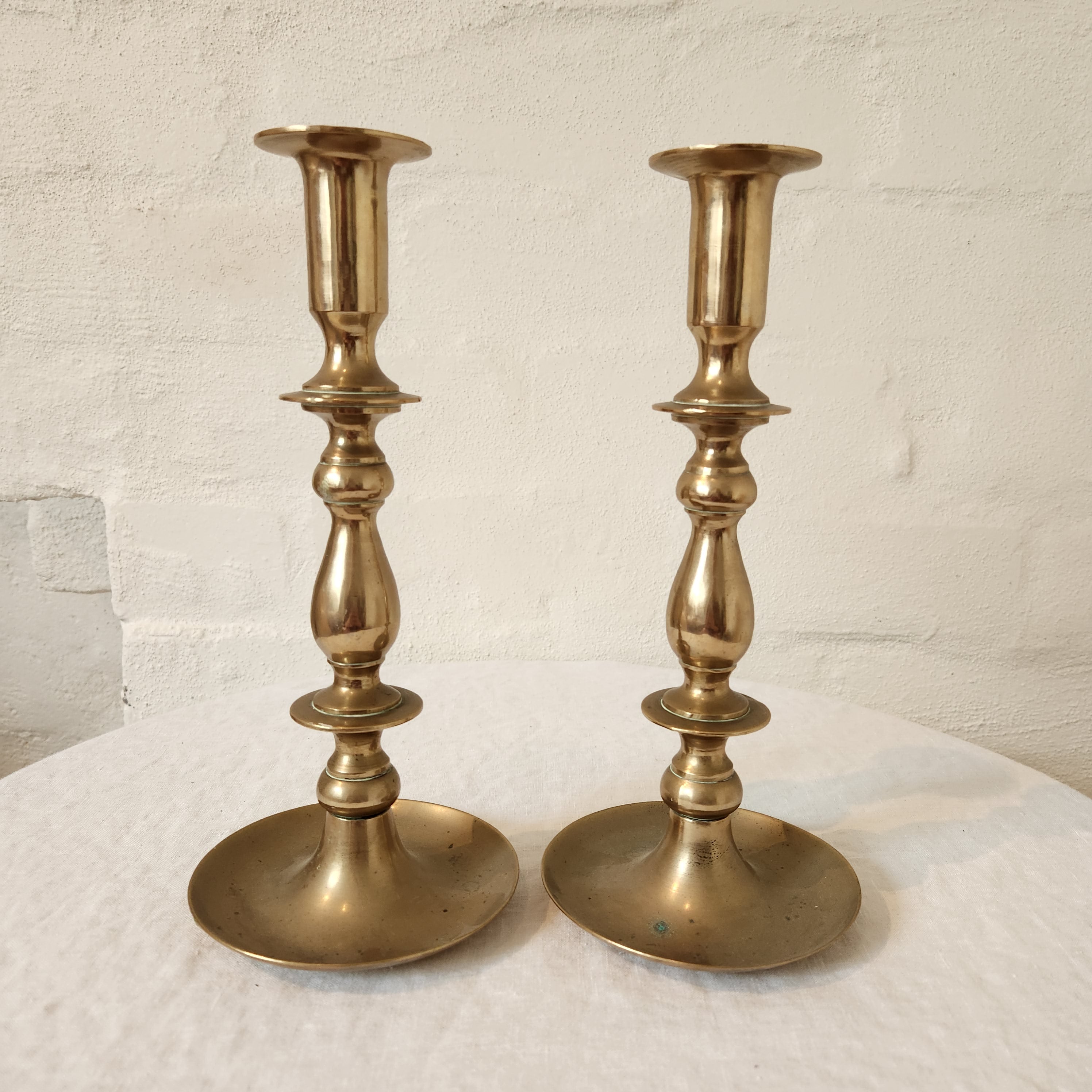 Antique Brass Candlestick Pair with Dish Base