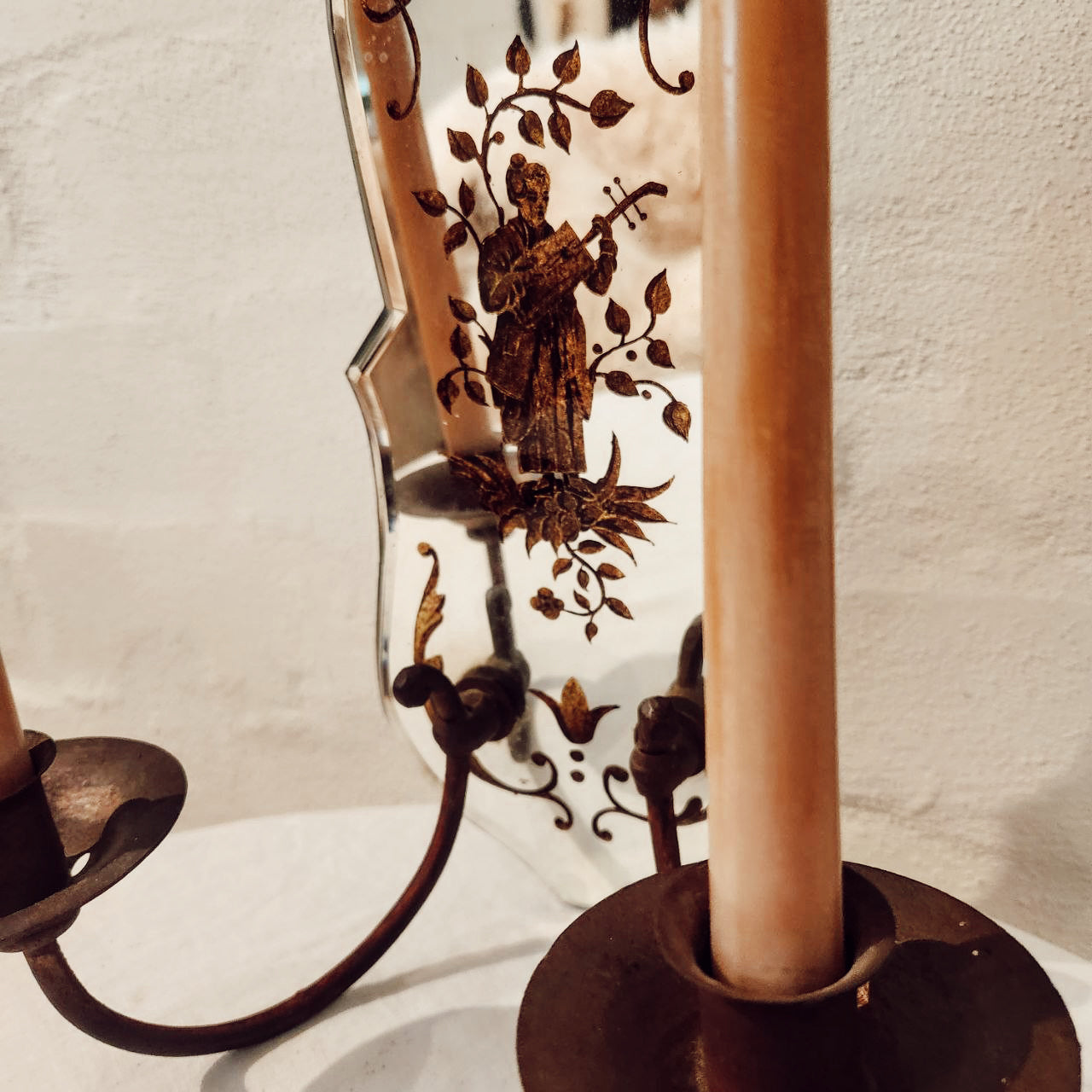 French Antique Wall Sconce with Etched Mirror, Bronzed Candle Cups