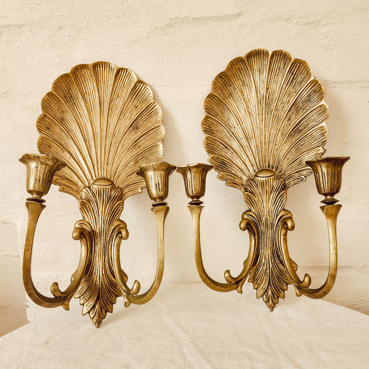 Pair of Brass Mid Century Clamshell Candlestick Wall Sconces