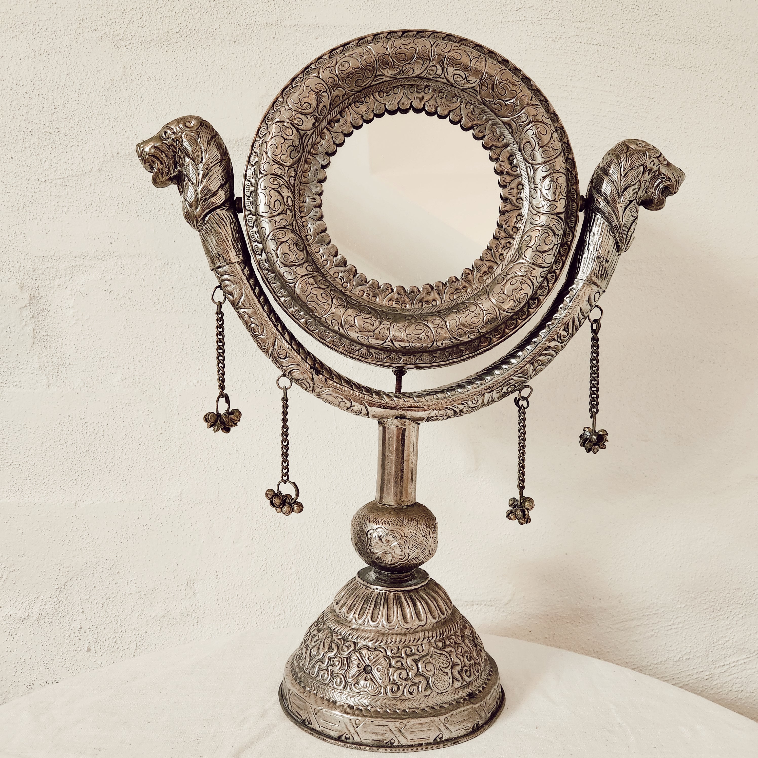 Vintage South Asian Embossed Metal Table Mirror