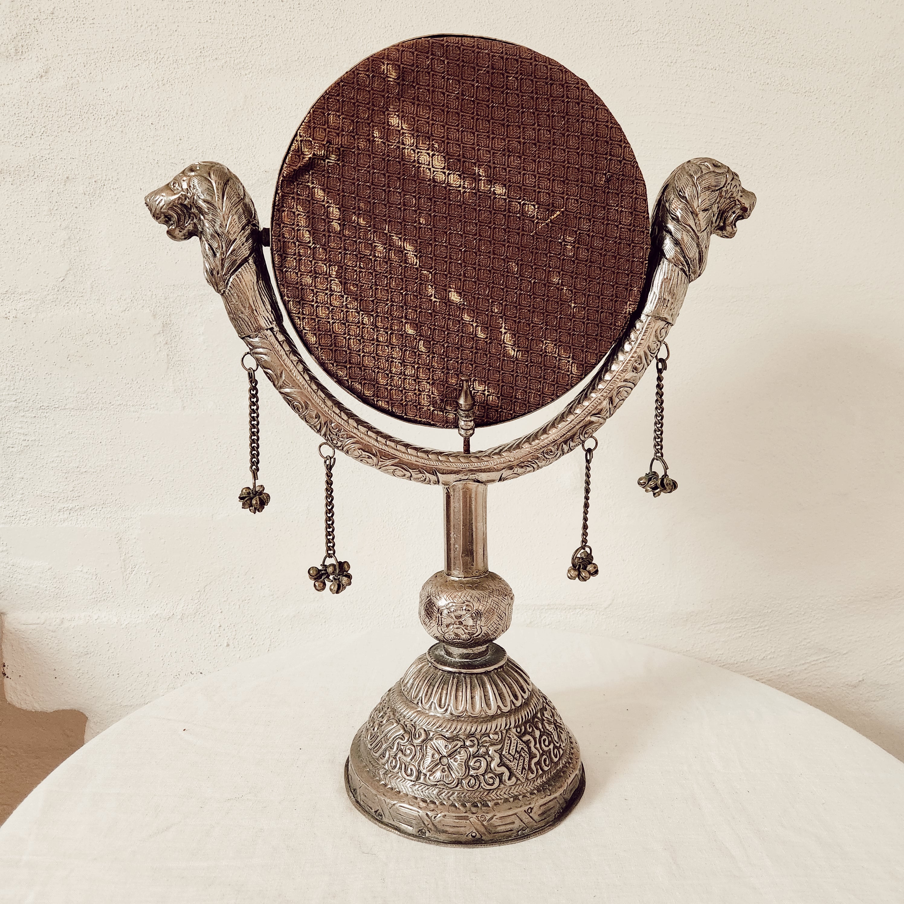 Vintage South Asian Embossed Metal Table Mirror