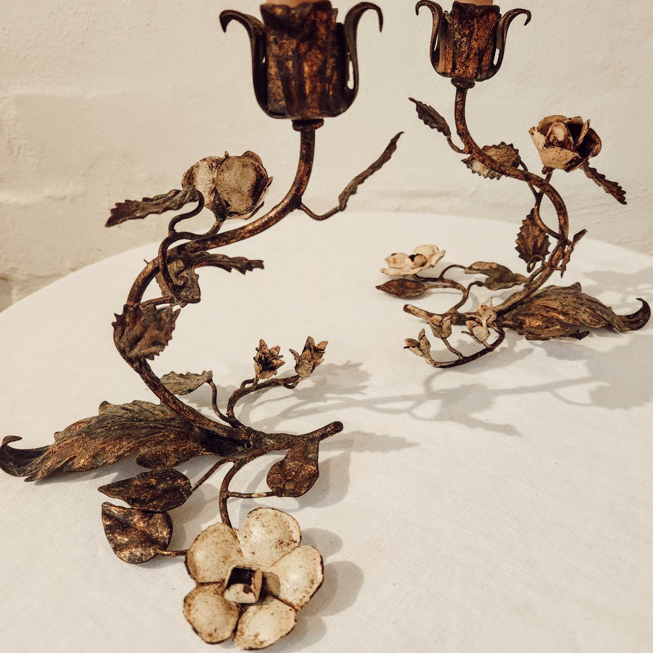 Pair of Vintage Floral Form Metal Candlesticks