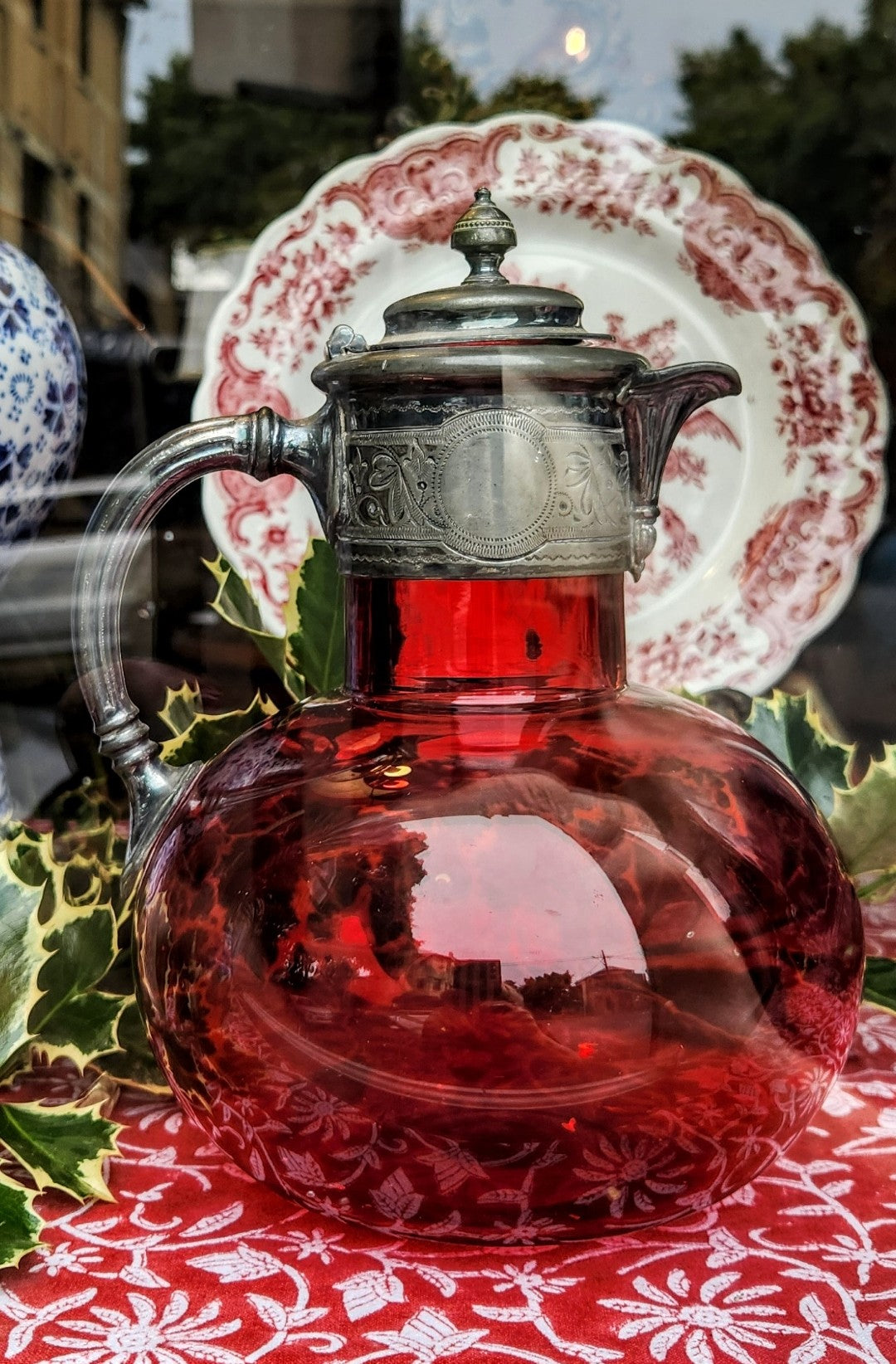 Antique Cranberry Glass Jug with Pewter