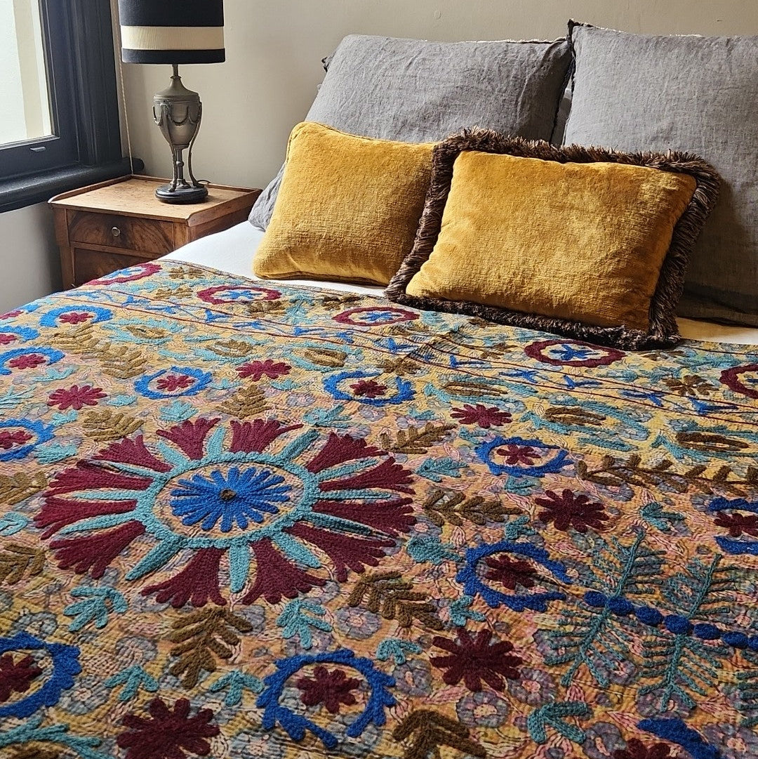 Vintage Suzani Kantha Throw - Burgundy Slate Yellow
