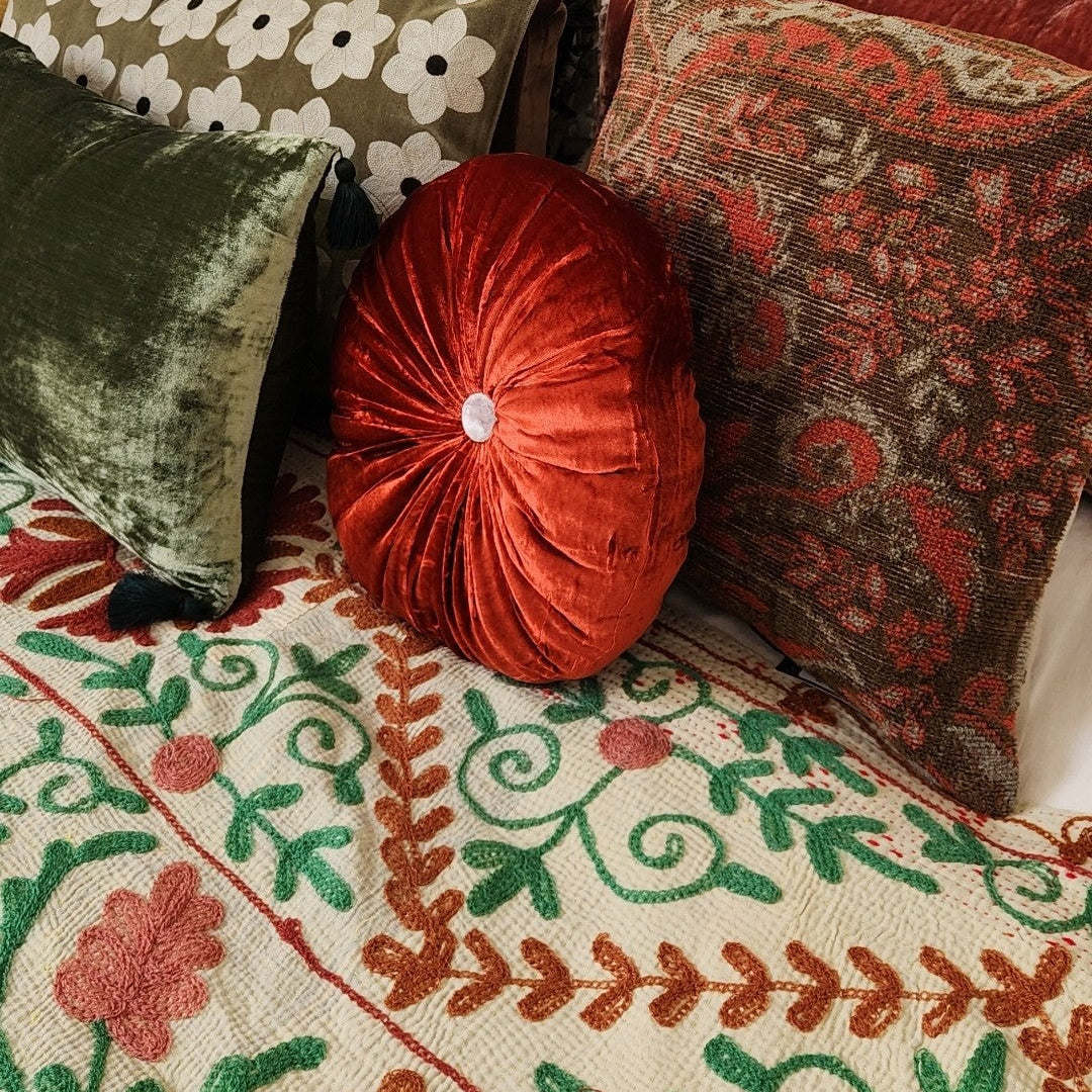Vintage Suzani Kantha Throw - Tan, Rose & Green
