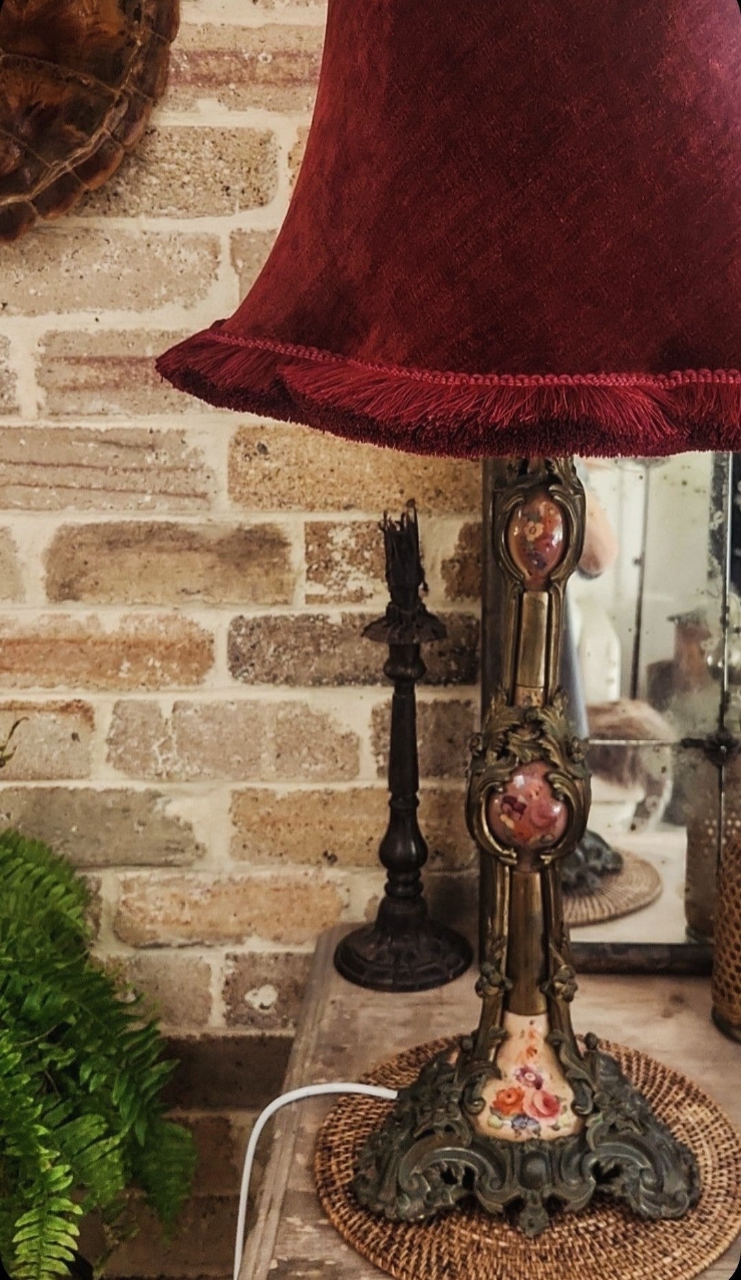 Mad Hatter - Antique brass and painted porcelain base with claret velvet shade