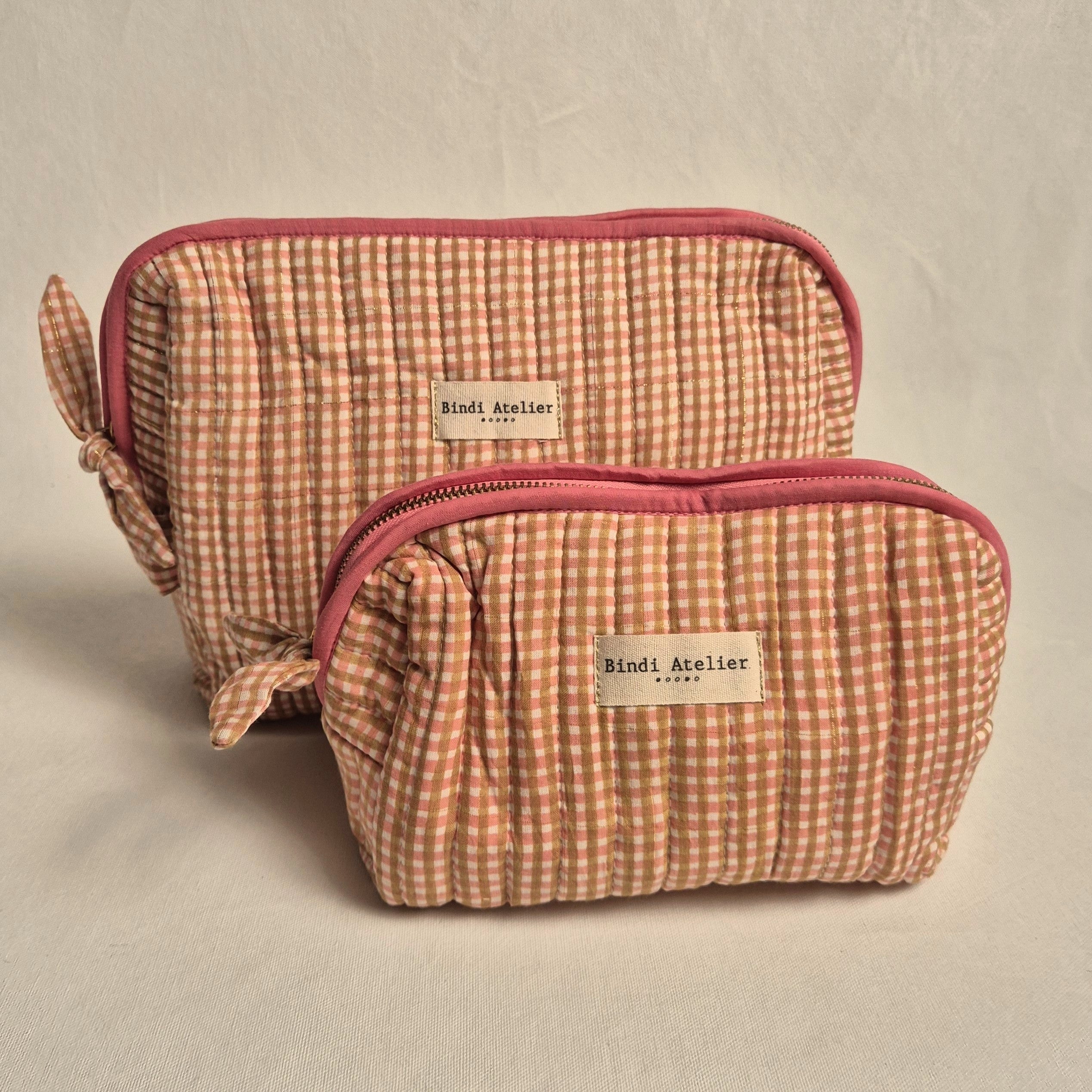 Caramel French gingham print toiletry bag