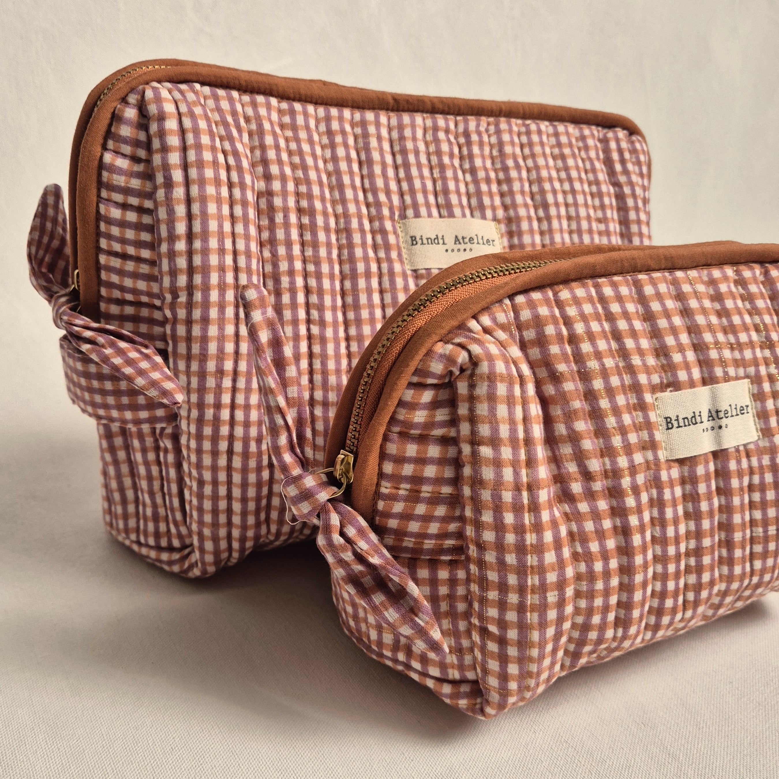 pink and caramel French gingham print toiletry bag