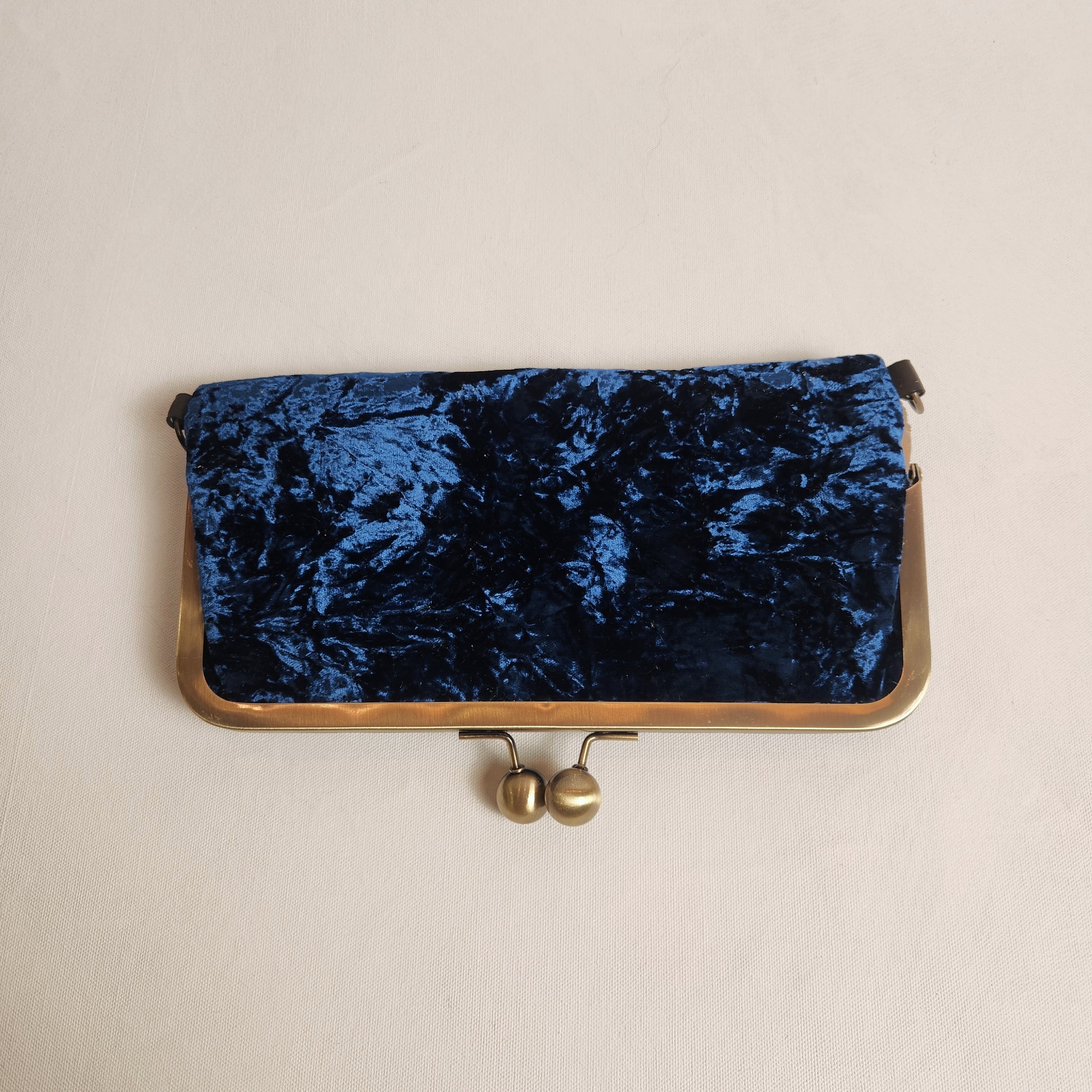 Nora Crossbody /Clutch Bag - Crushed Sapphire Blue velvet and Champagne