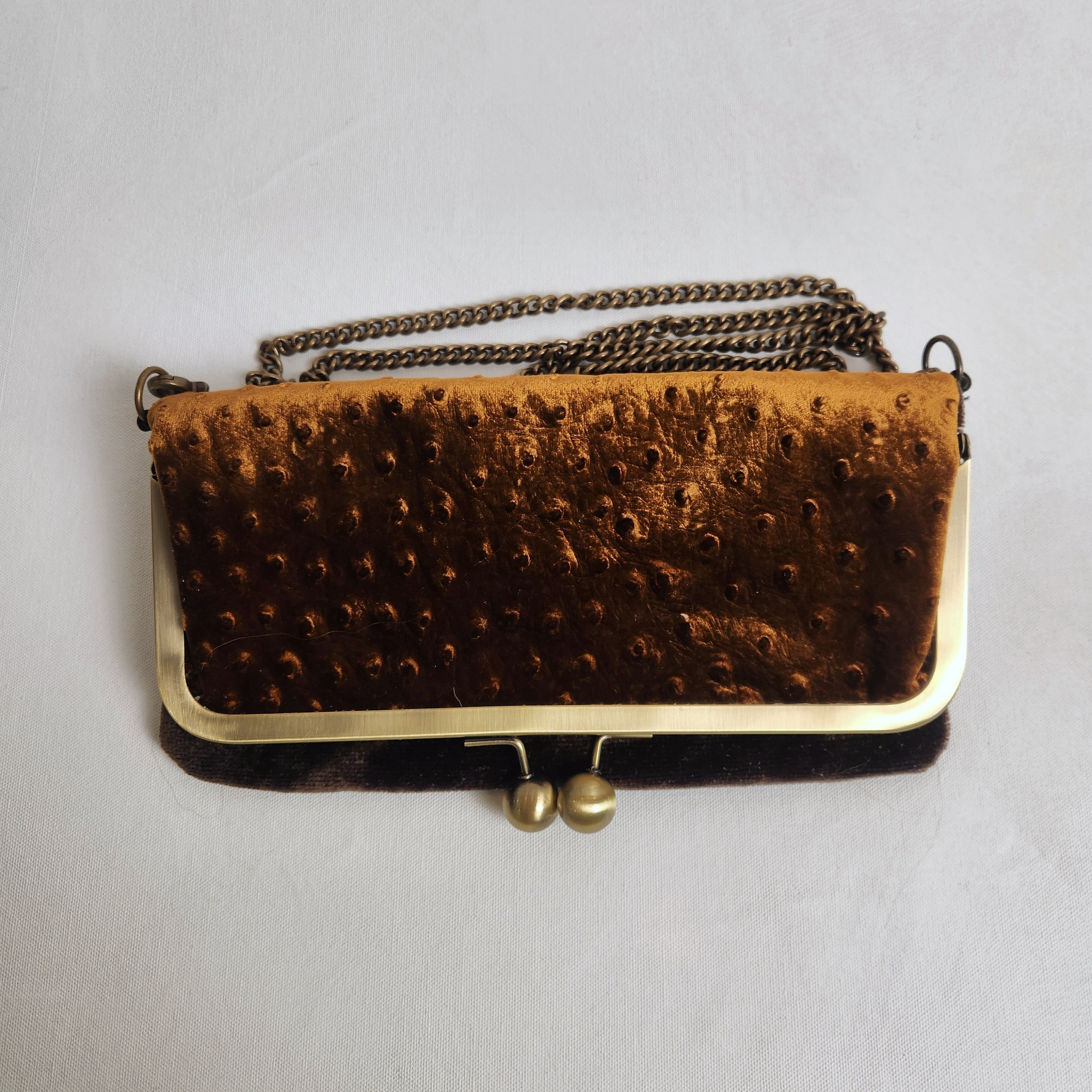 Nora Crossbody /Clutch Bag - Toffee Ostrich Velvet and Chocolate.