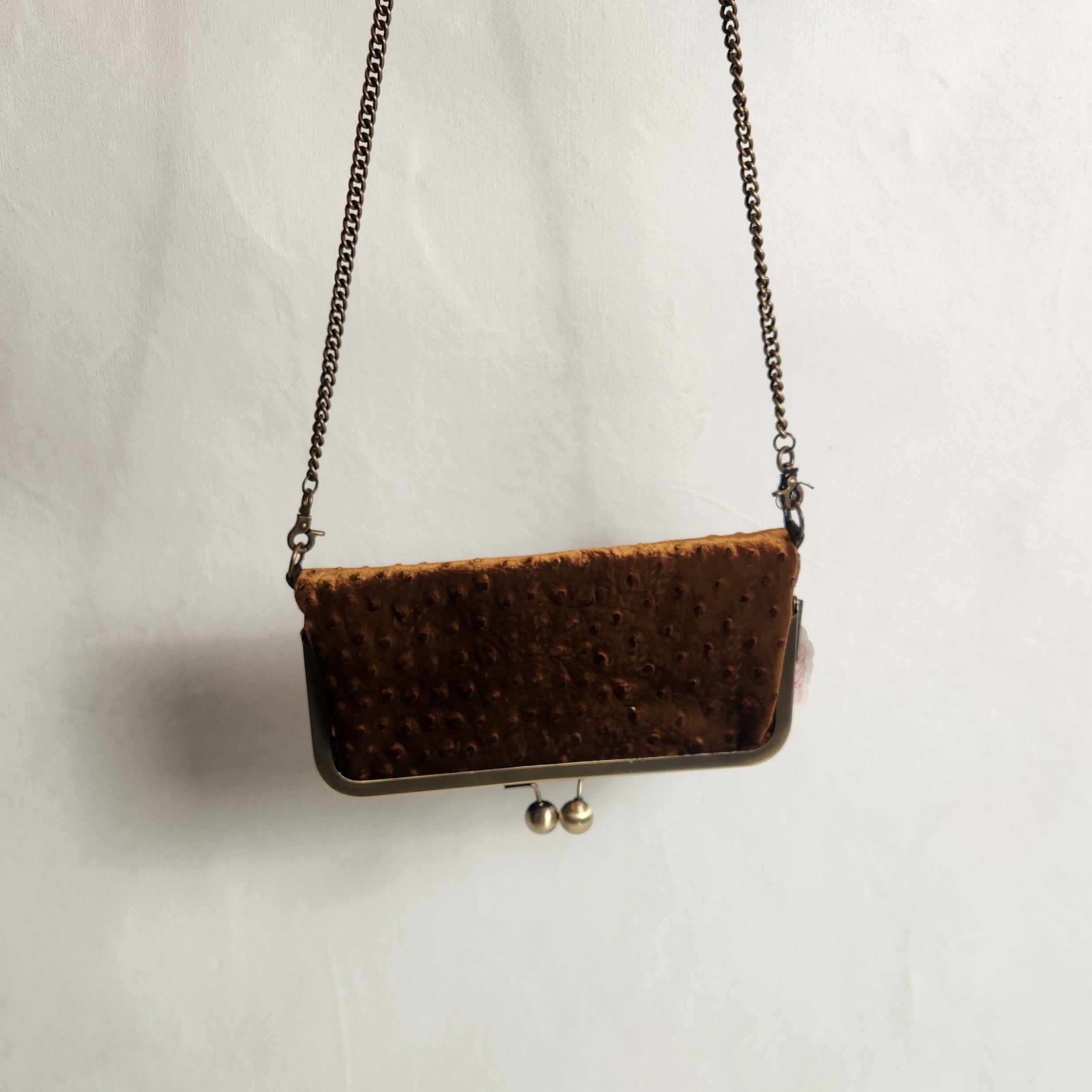 Nora Crossbody /Clutch Bag - Toffee Ostrich Velvet and Chocolate.