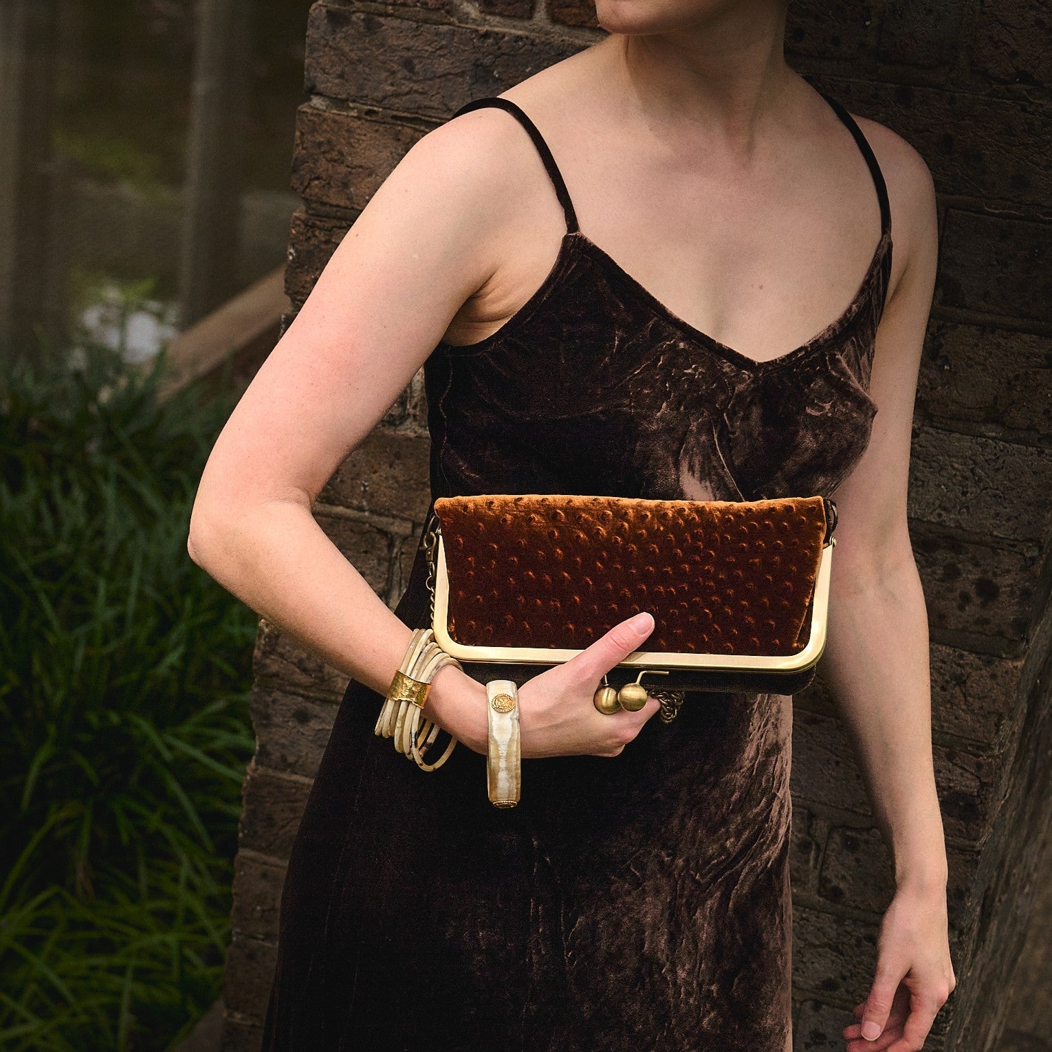 Nora Crossbody /Clutch Bag - Toffee Ostrich Velvet and Chocolate.