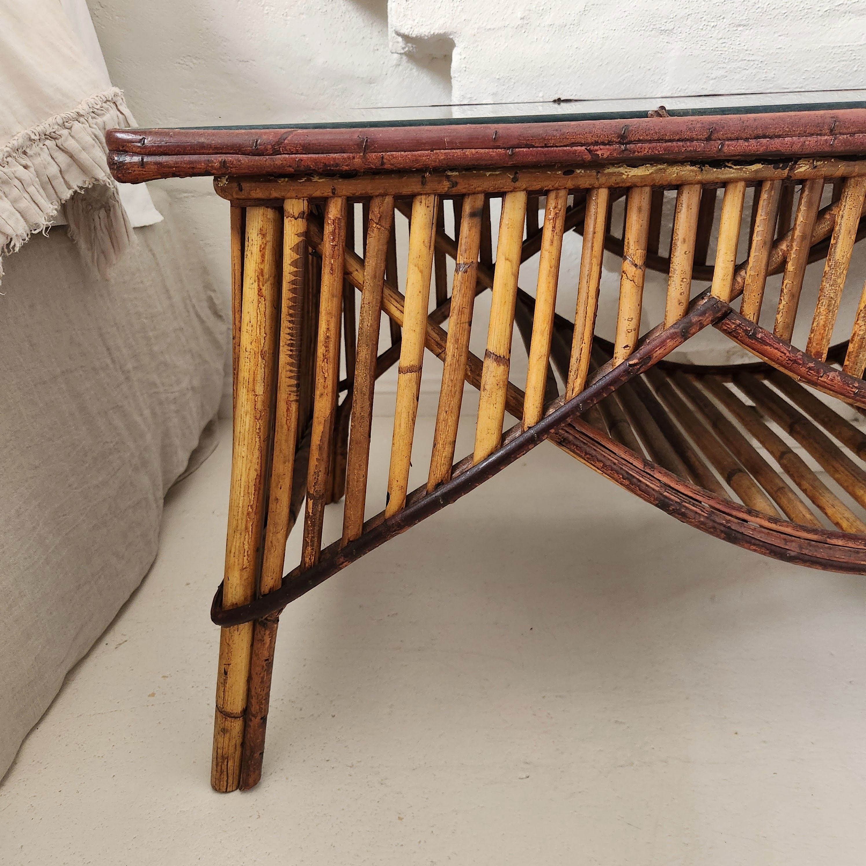Gorgeous Vintage Tiger Cane Coffee Table with Glass Top