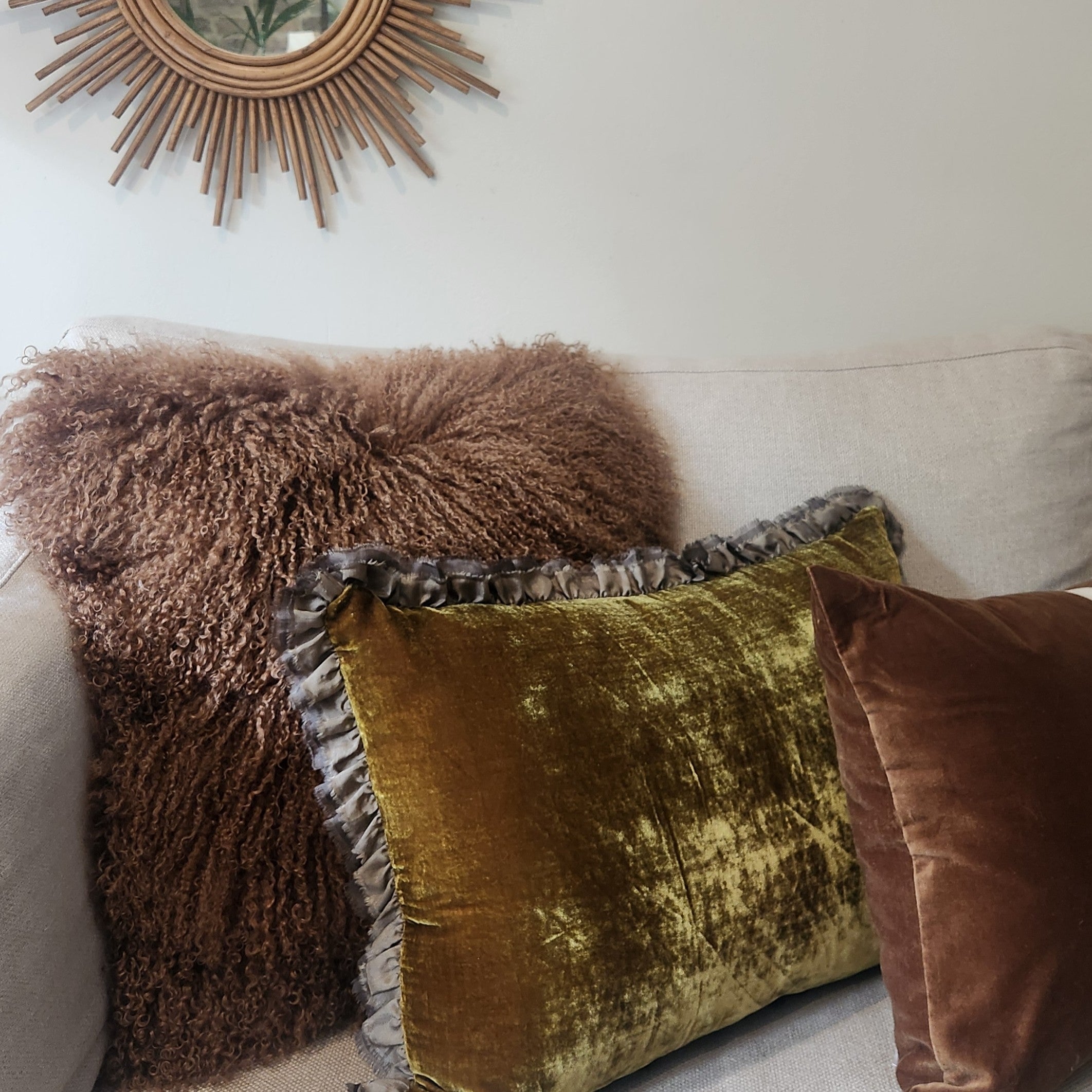Seraphine Cushion with Silk Ruffle - Owaka Brown