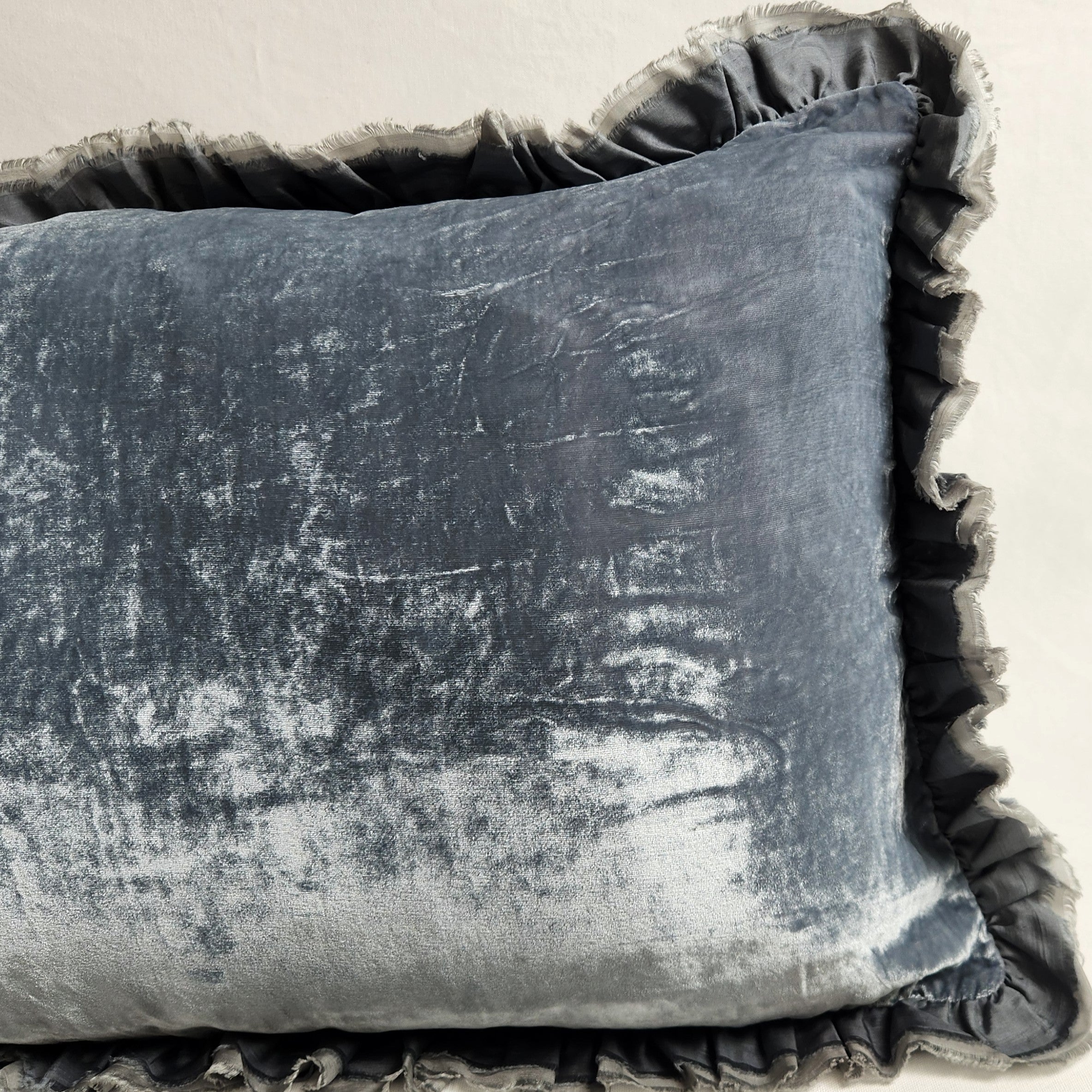 Smoky blue silk velvet rectangular cushion with raw silk ruffle