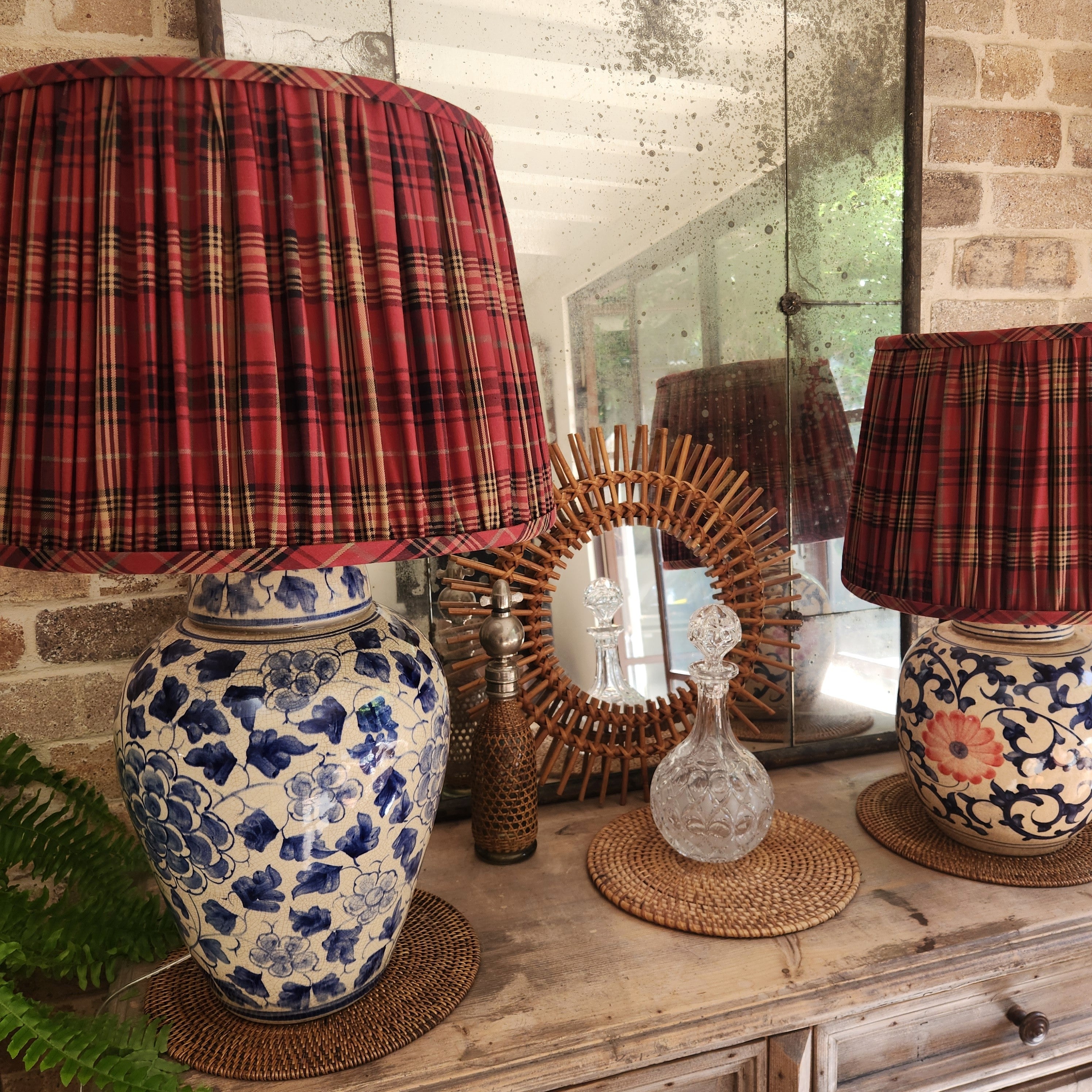 Vintage Hand Painted Melon Jar Lamp with Ralph Lauren Pleated Tartan Shade
