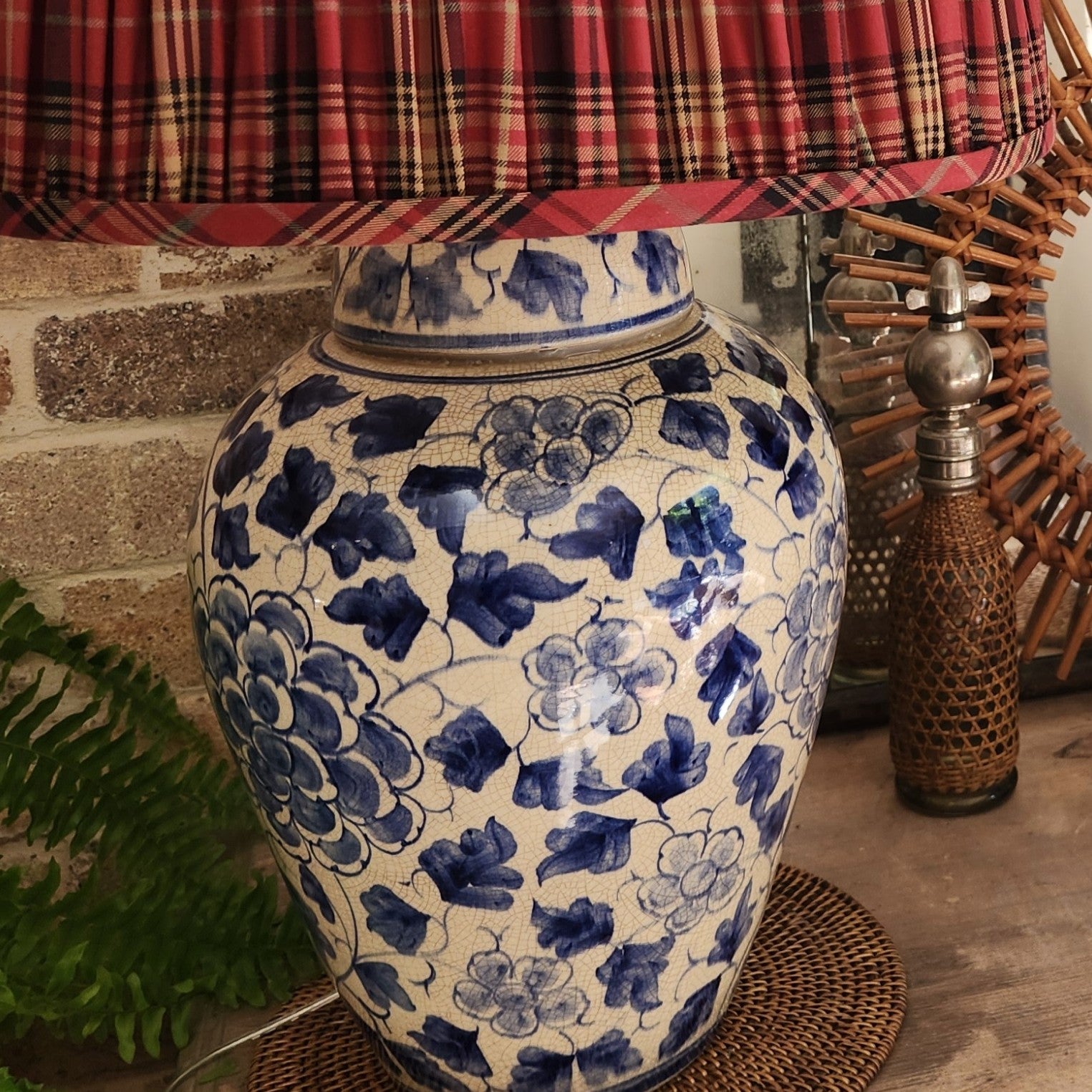 Vintage Hand Painted Melon Jar Lamp with Ralph Lauren Pleated Tartan Shade
