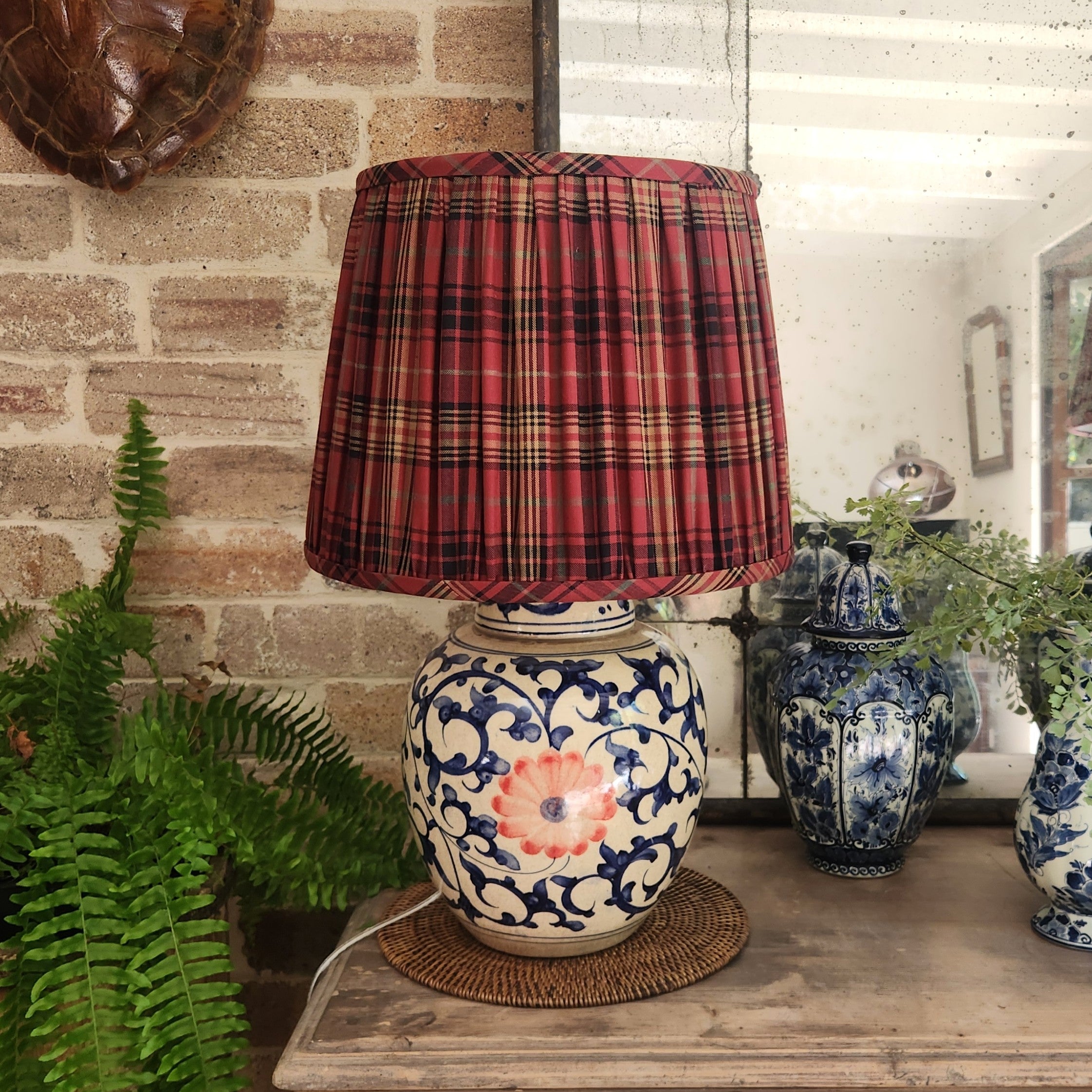 Vintage Hand Painted Melon Jar Lamp with Ralph Lauren Pleated Tartan Shade