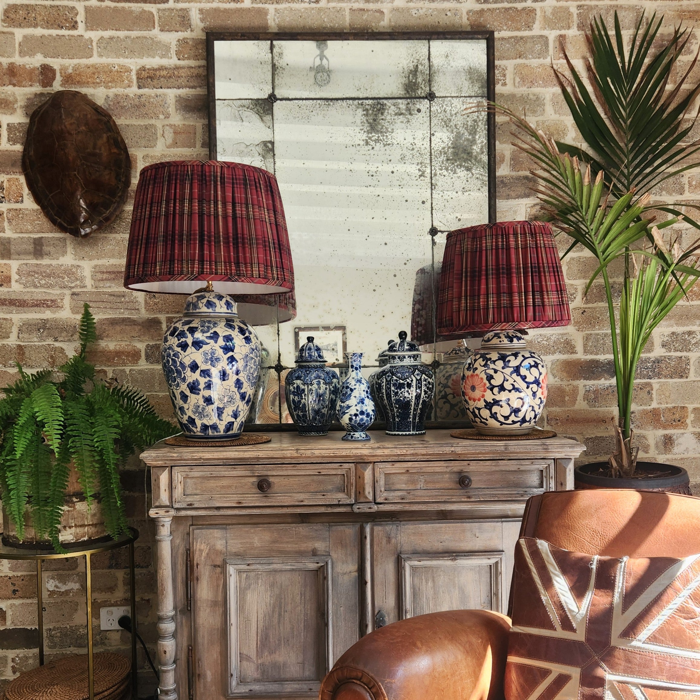 Vintage Hand Painted Melon Jar Lamp with Ralph Lauren Pleated Tartan Shade