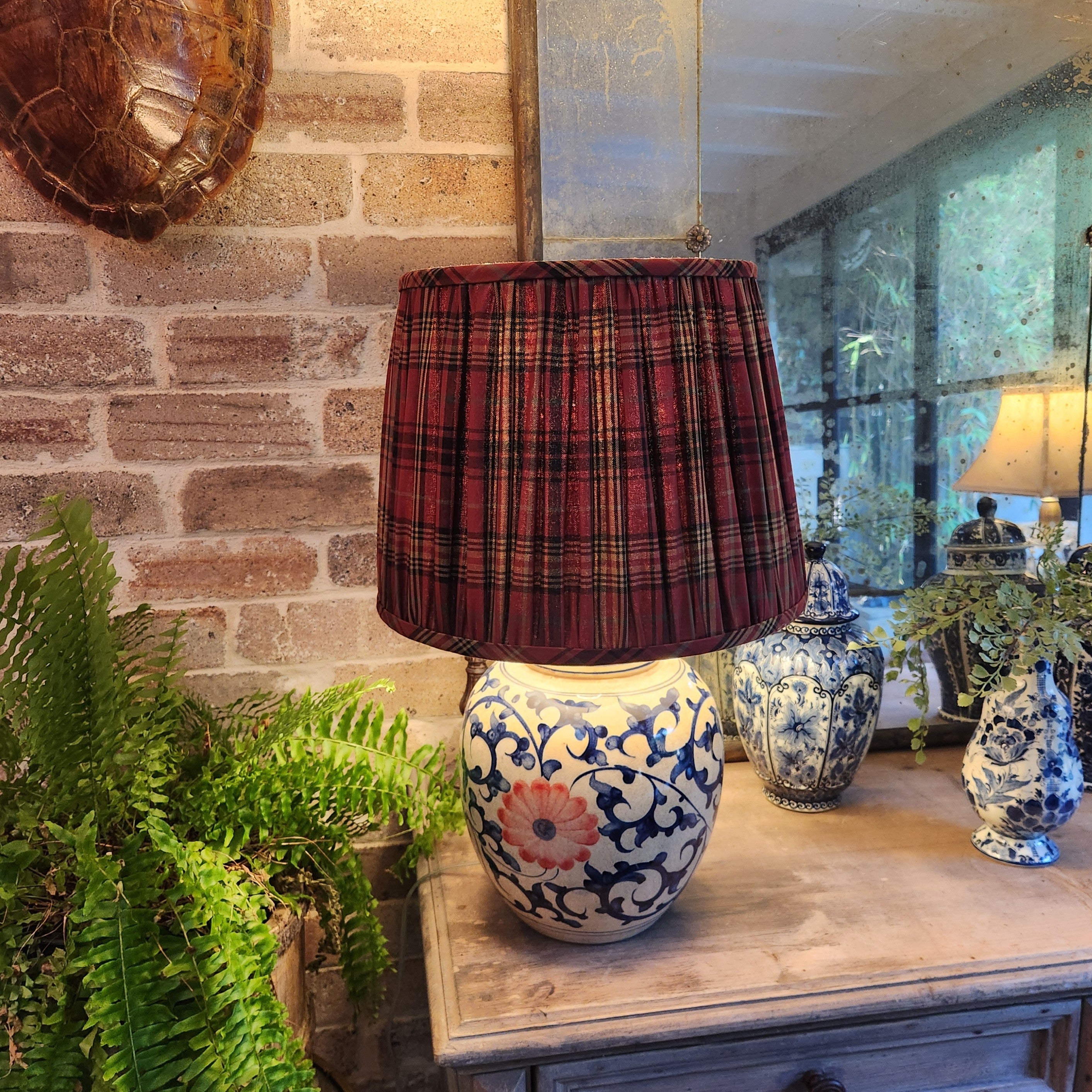 Vintage Hand Painted Melon Jar Lamp with Ralph Lauren Pleated Tartan Shade