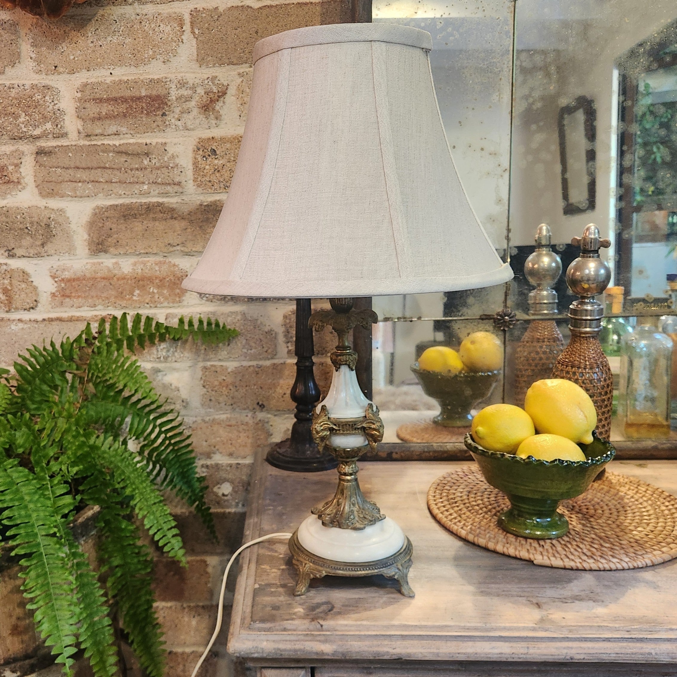 White Marble and Brass French Antique Lamp with Waisted Linen Shade