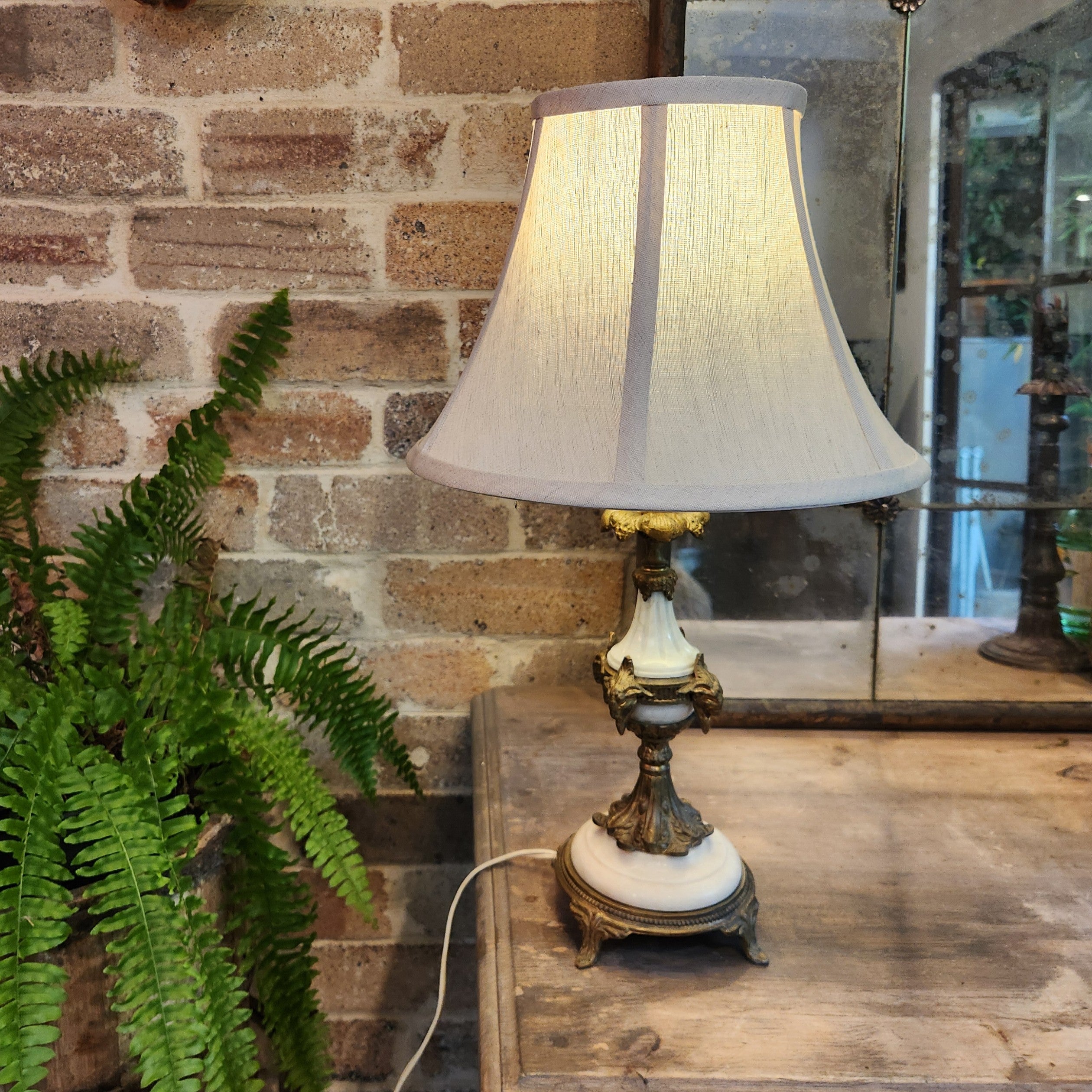 White Marble and Brass French Antique Lamp with Waisted Linen Shade