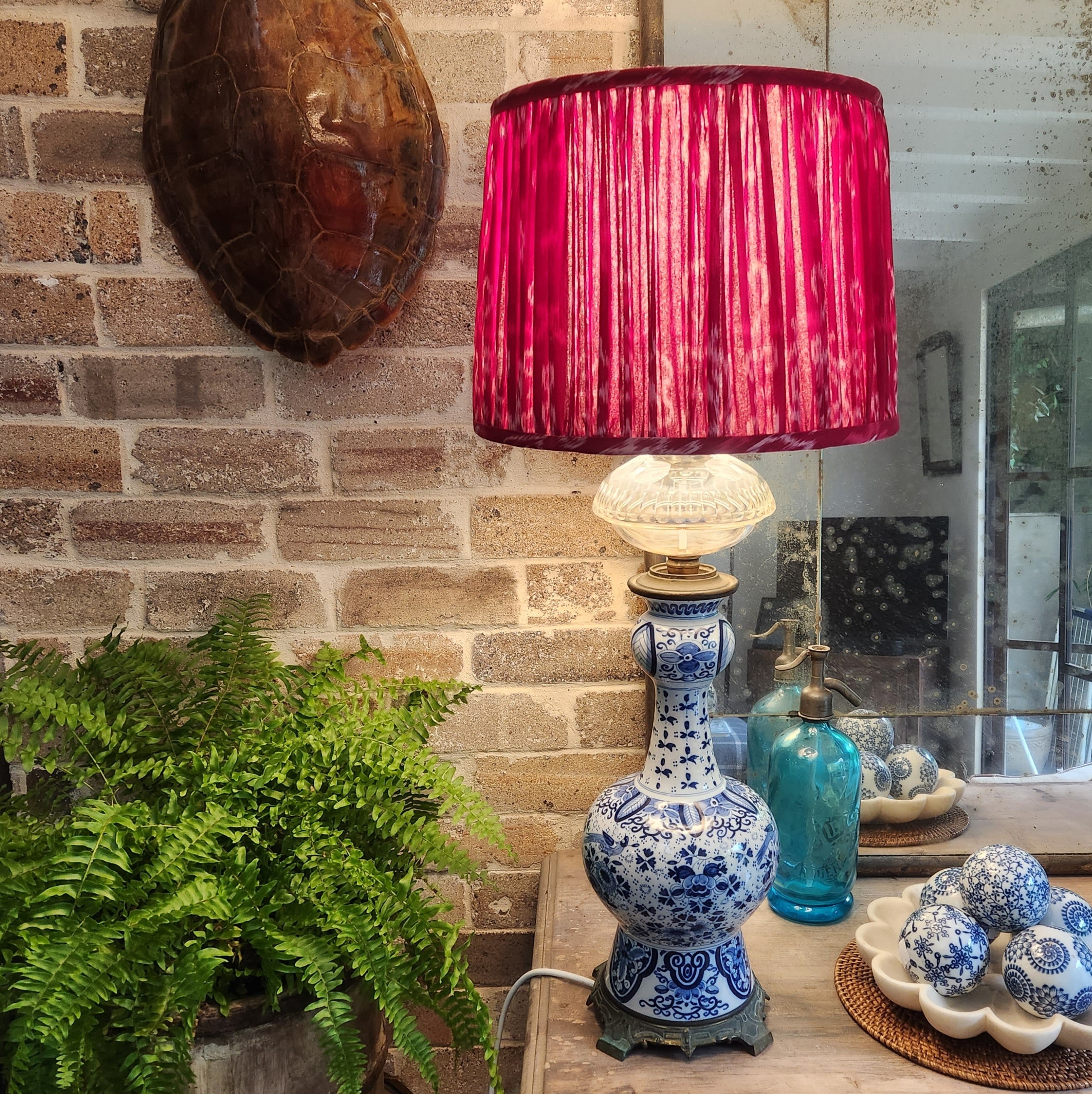 Glorious Blue and White Porcelain Lamp with New Crimson Pleated Ikat Shade