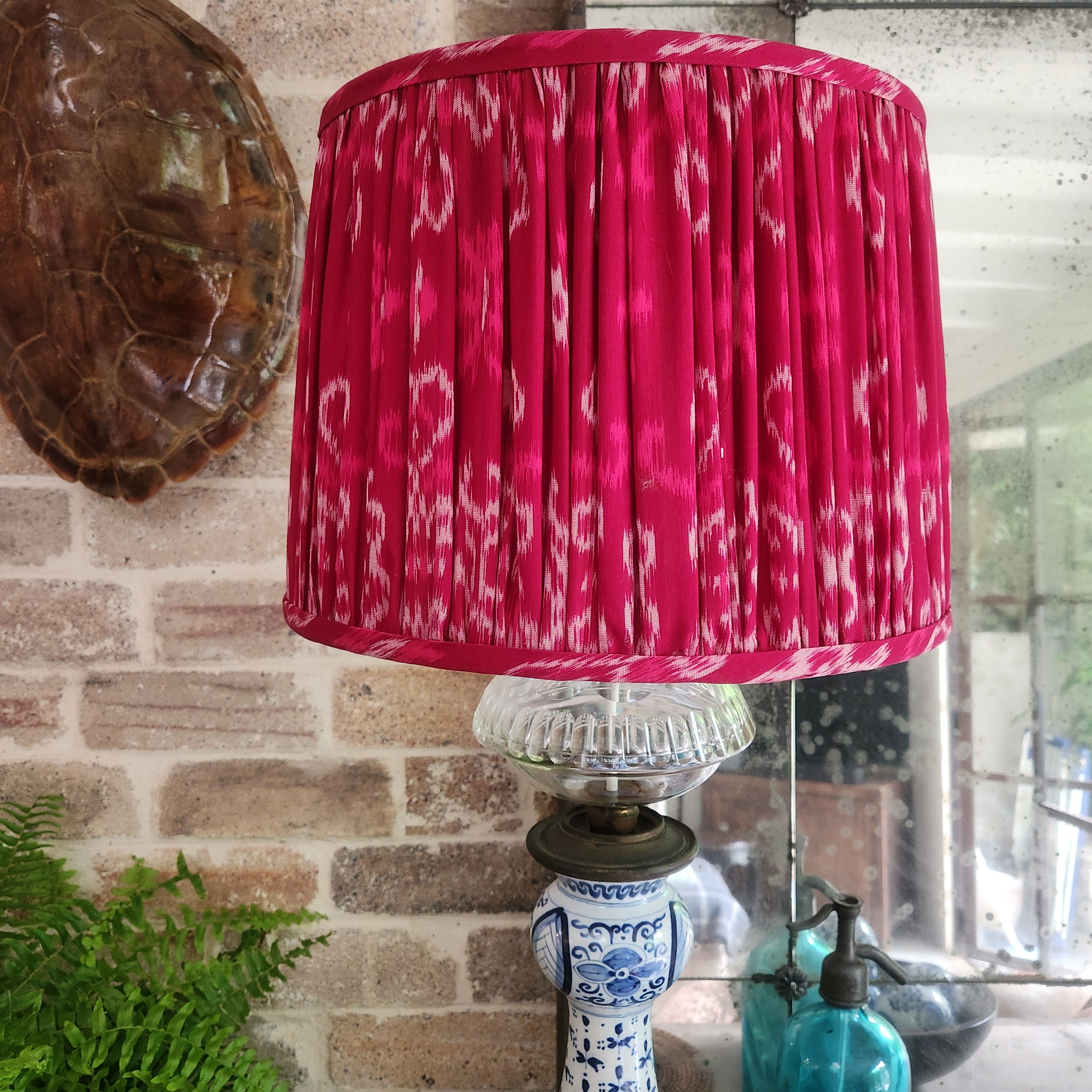 Glorious Blue and White Porcelain Lamp with New Crimson Pleated Ikat Shade