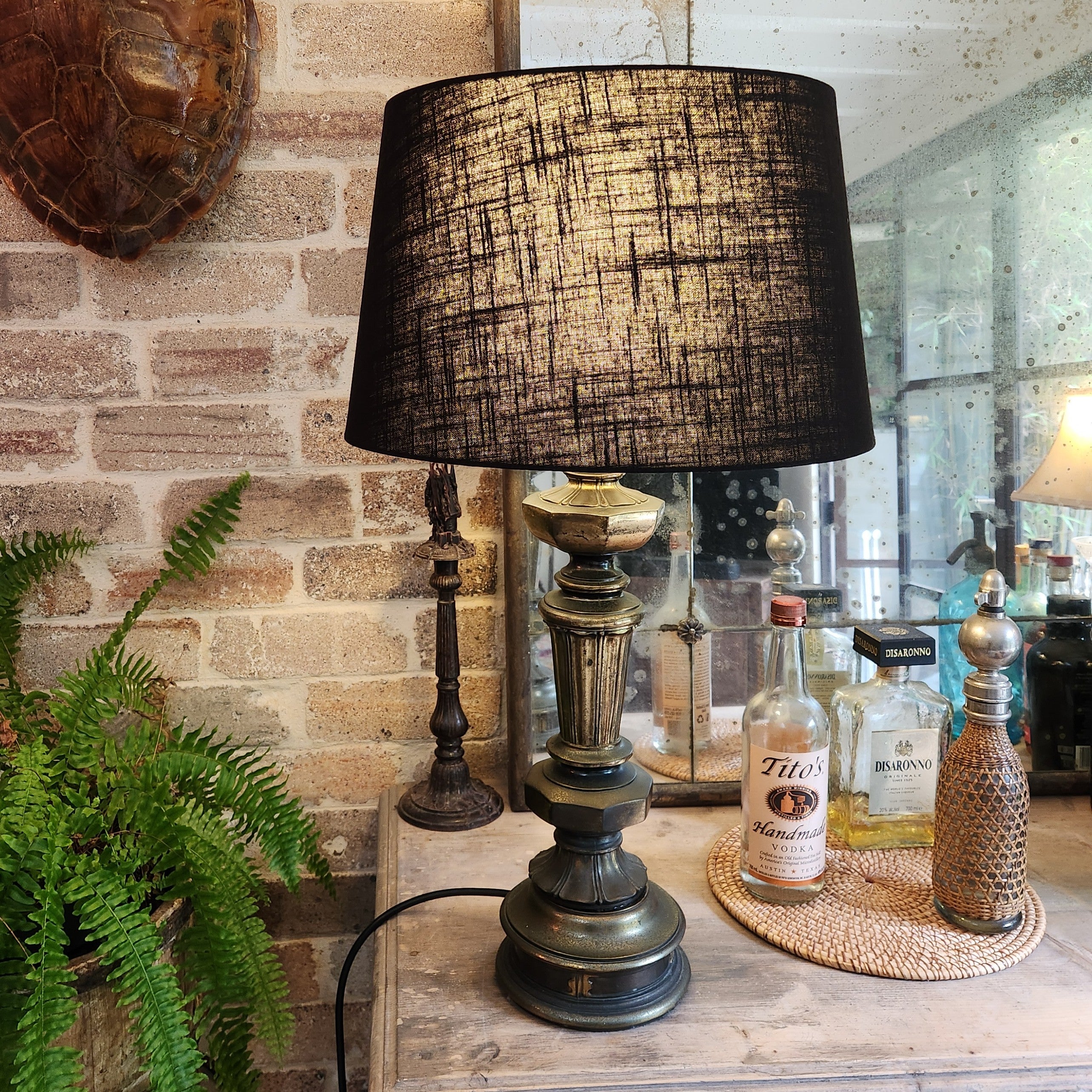Vintage Brass Column Lamp with Black Linen Shade