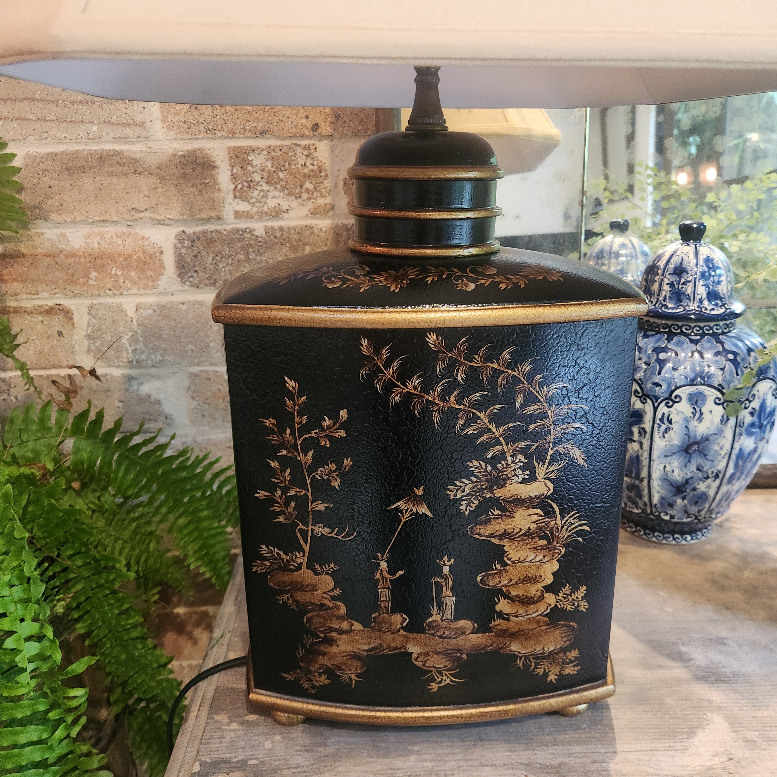 Large Chinoiserie Lamp with Waisted Piped Silk Shade