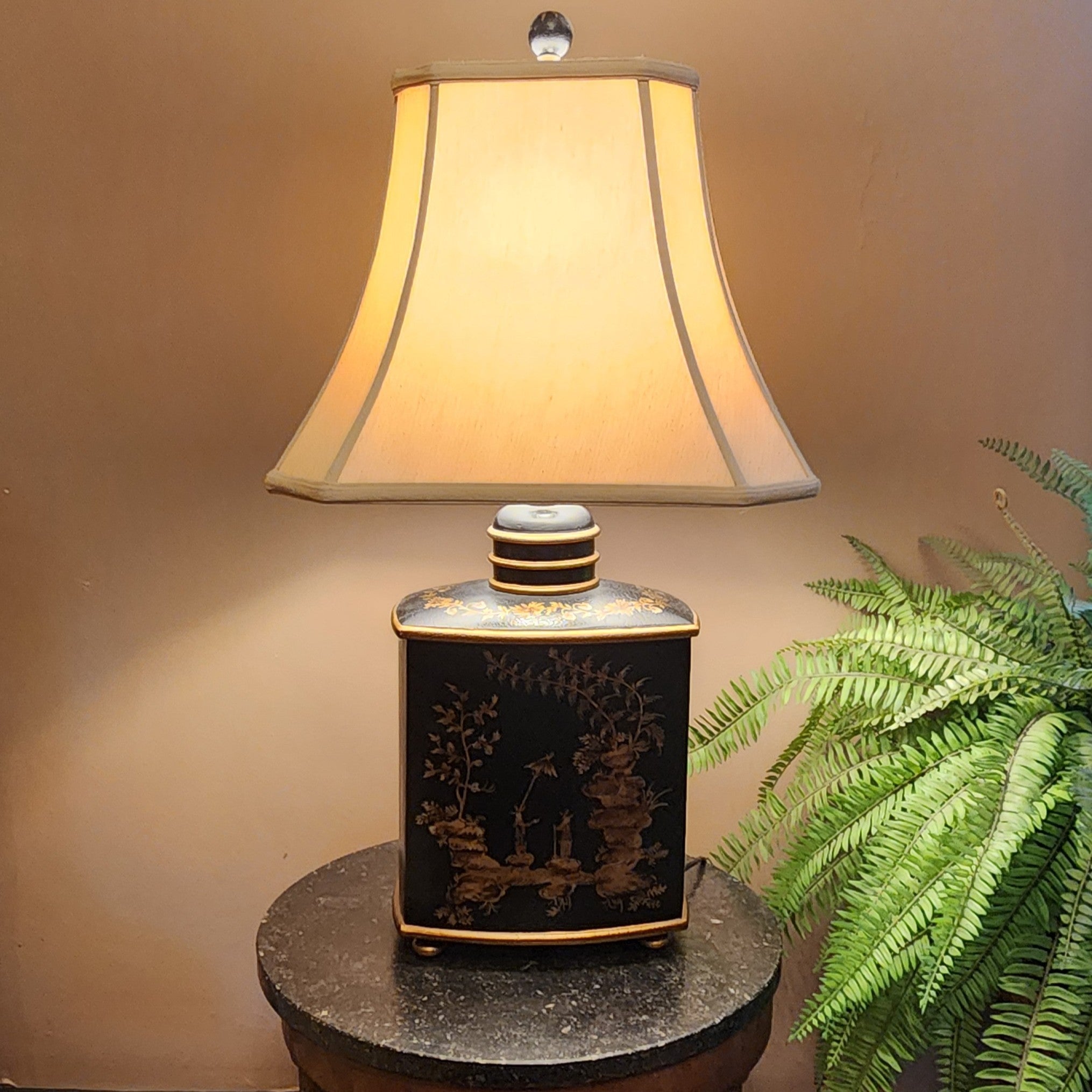 Large Chinoiserie Lamp with Waisted Piped Silk Shade