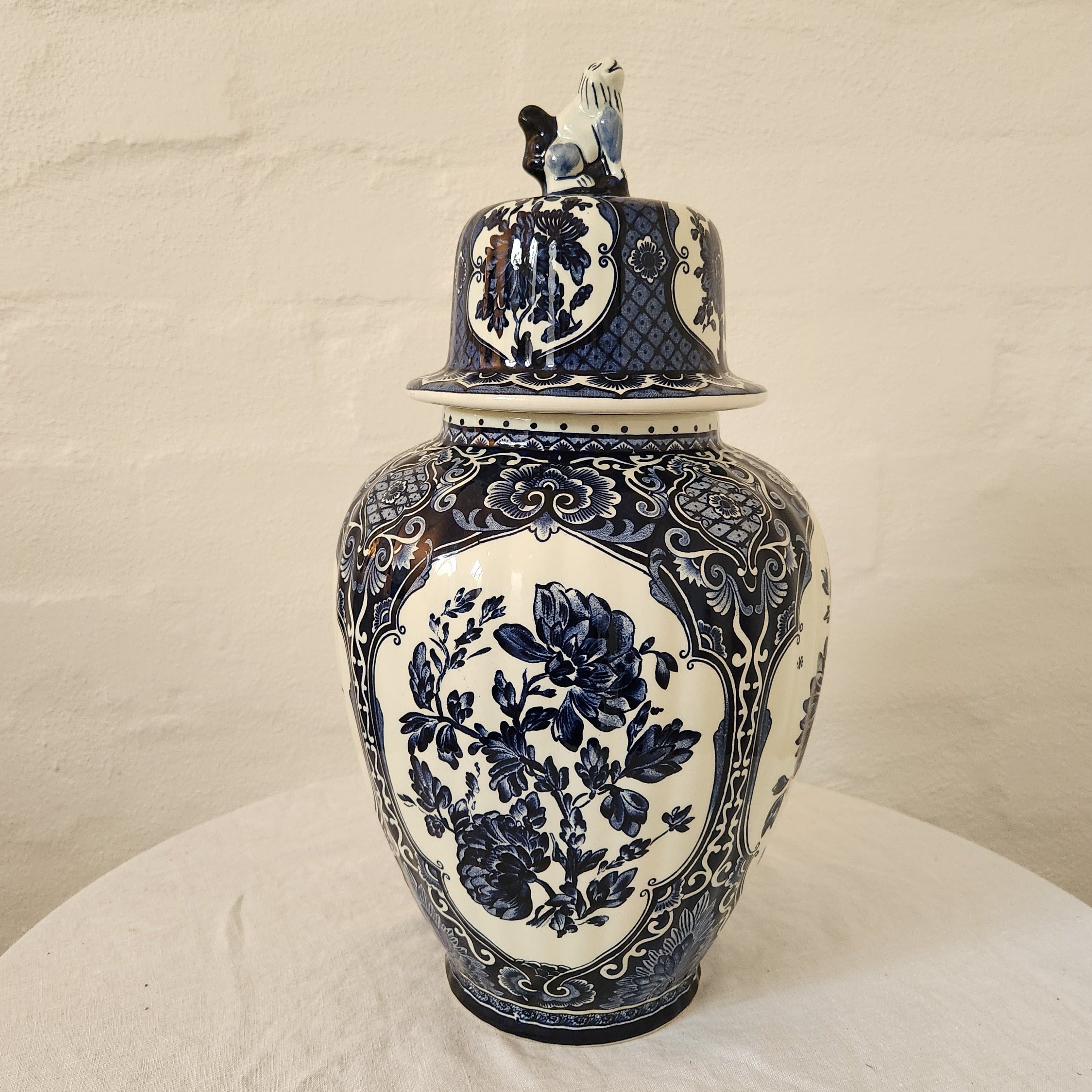 Delft Royal Sphinx Porcelain Vase with Dog Finial Lid by Boch