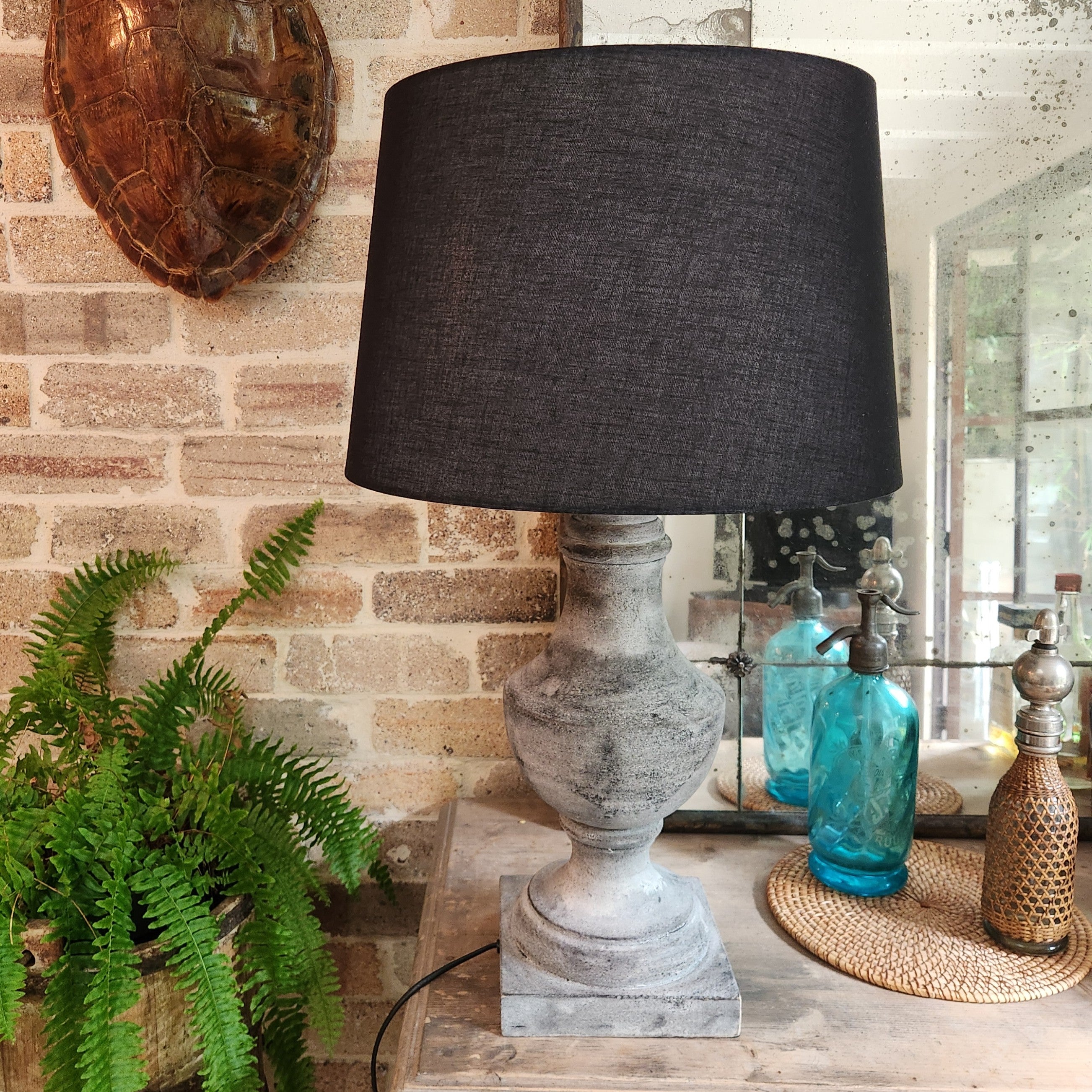 Grey Baluster Lamp Base with Black Linen Shade