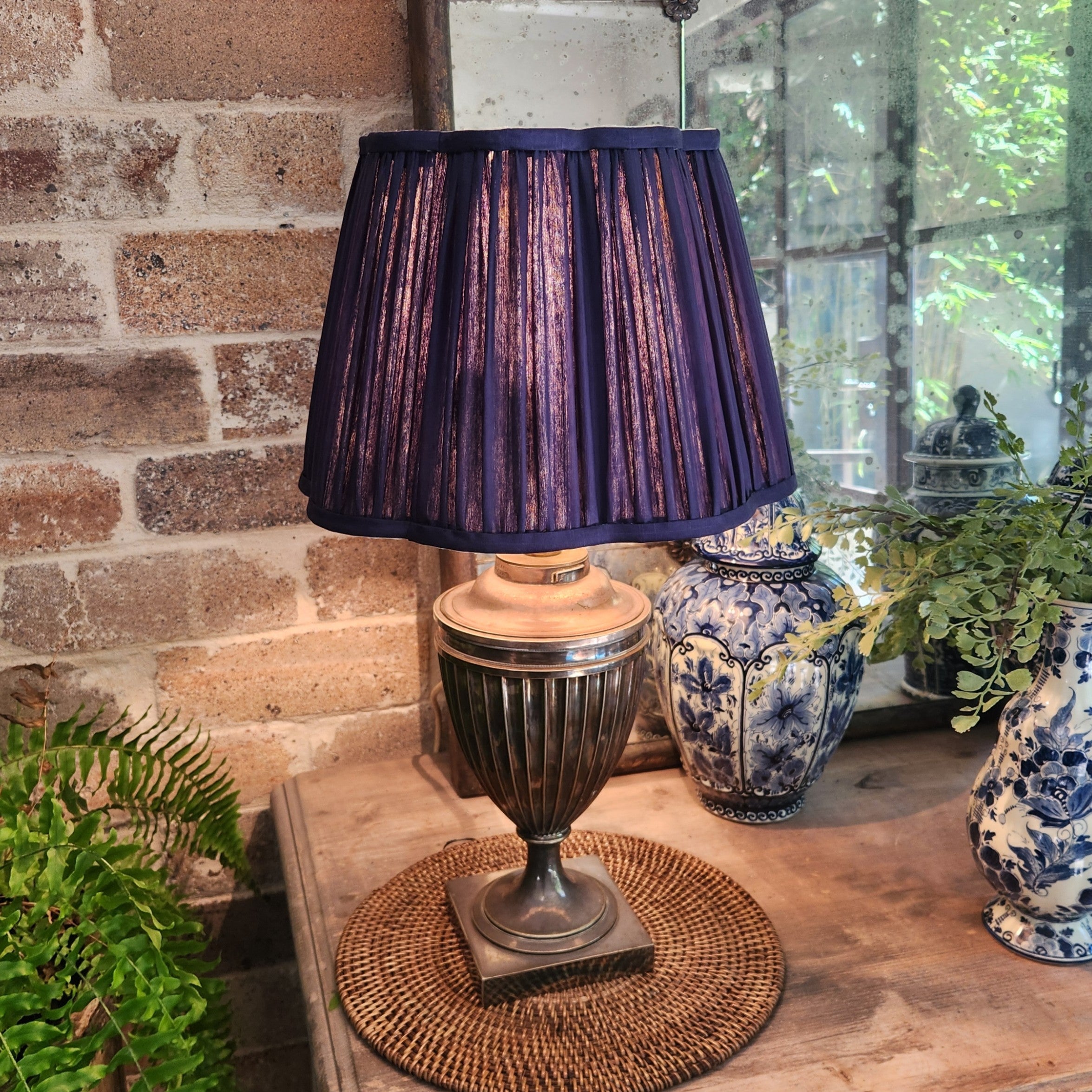 Antique (Circa 1890) Silver Urn Lamp with Navy Silk Shade