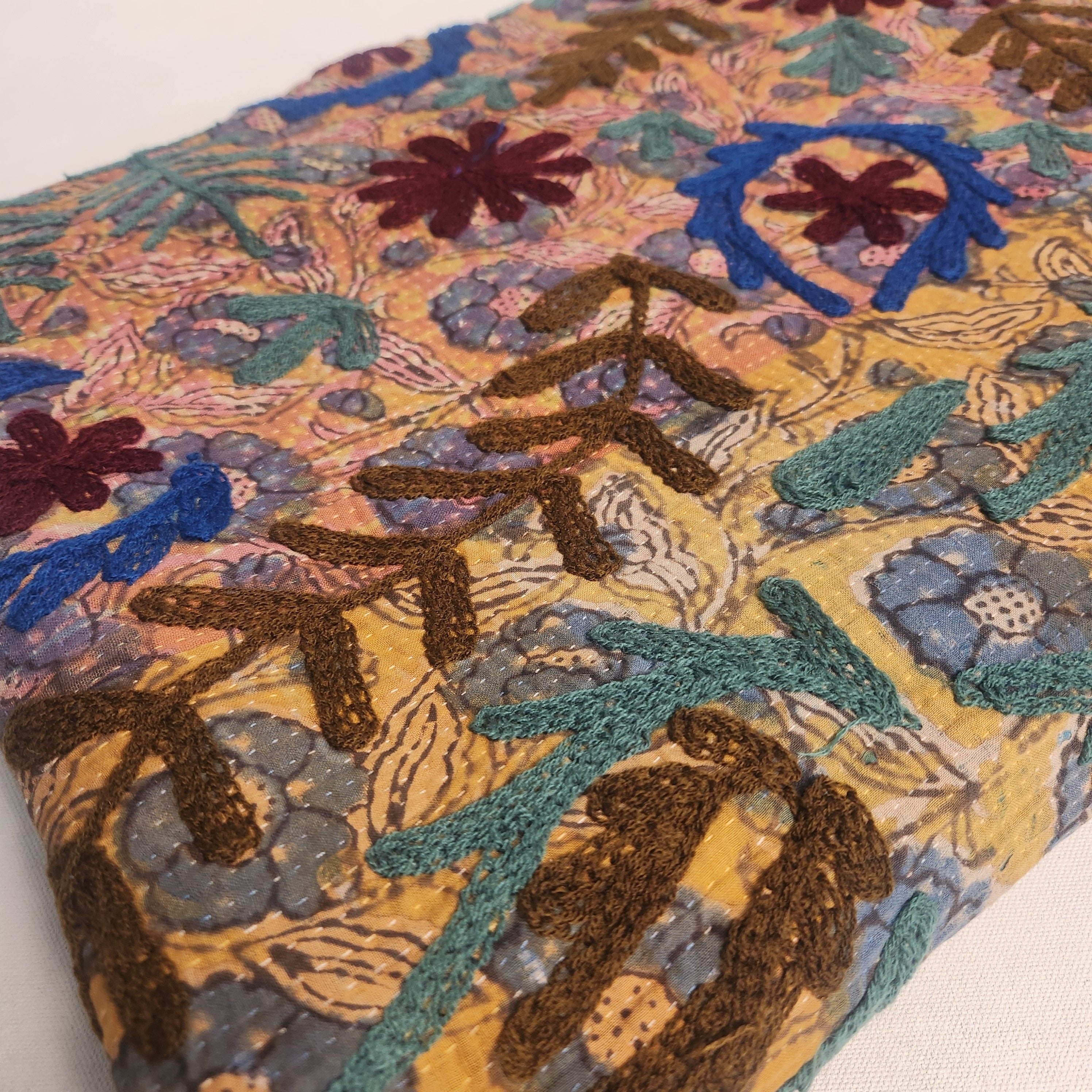 Vintage Suzani Kantha Throw - Burgundy Slate Yellow