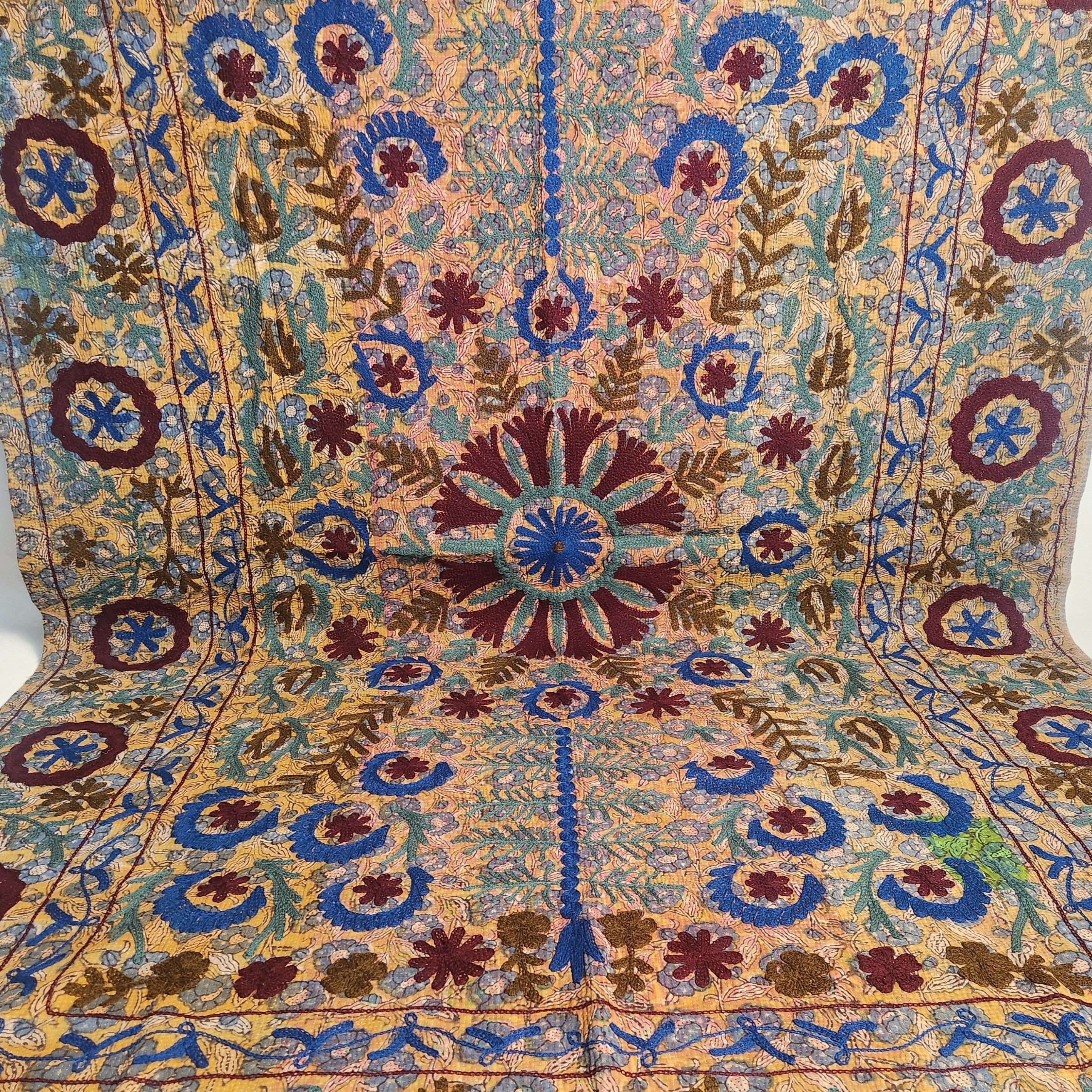 Vintage Suzani Kantha Throw - Burgundy Slate Yellow