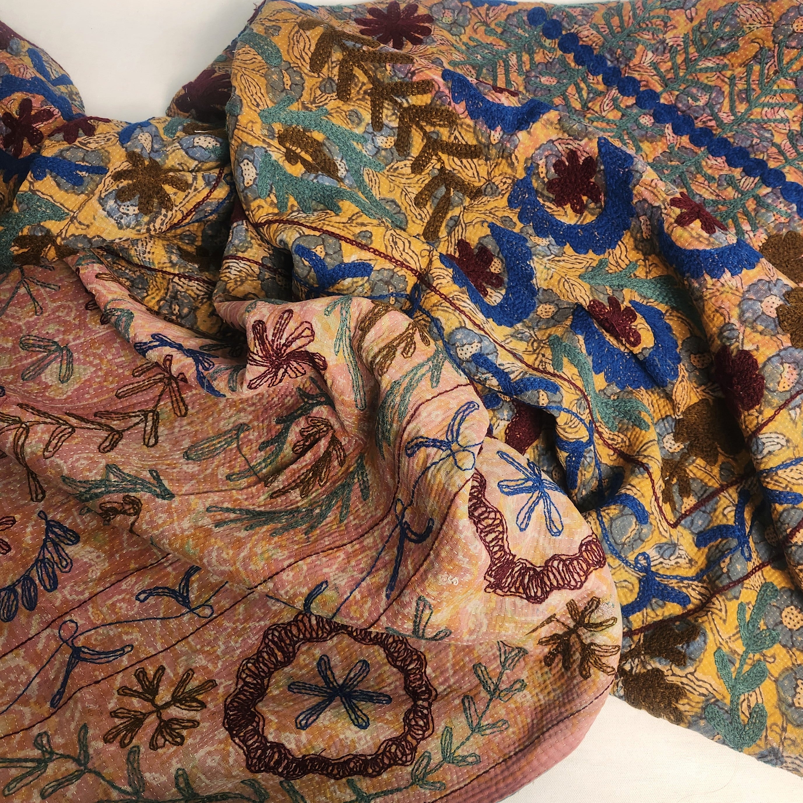 Vintage Suzani Kantha Throw - Burgundy Slate Yellow