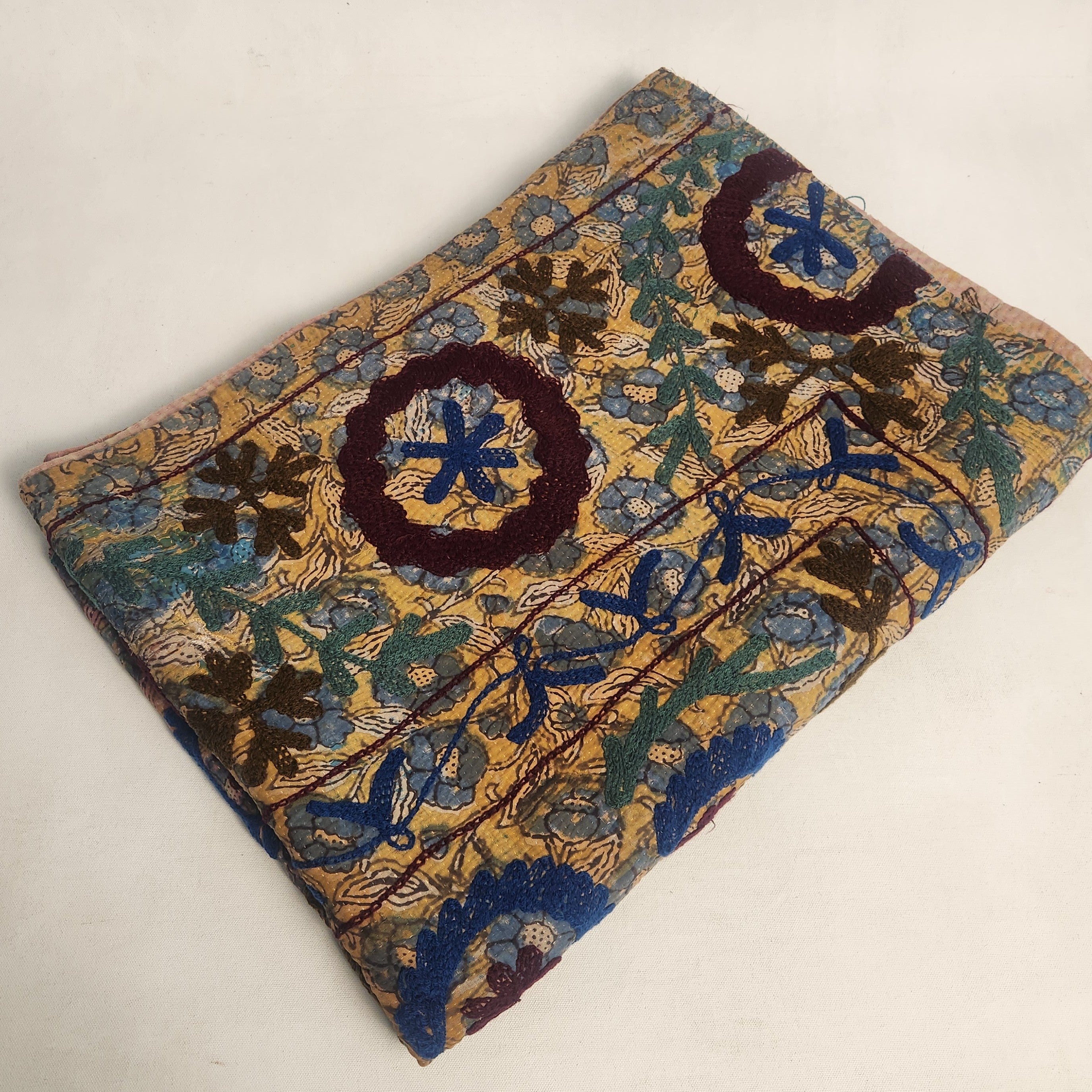 Vintage Suzani Kantha Throw - Burgundy Slate Yellow