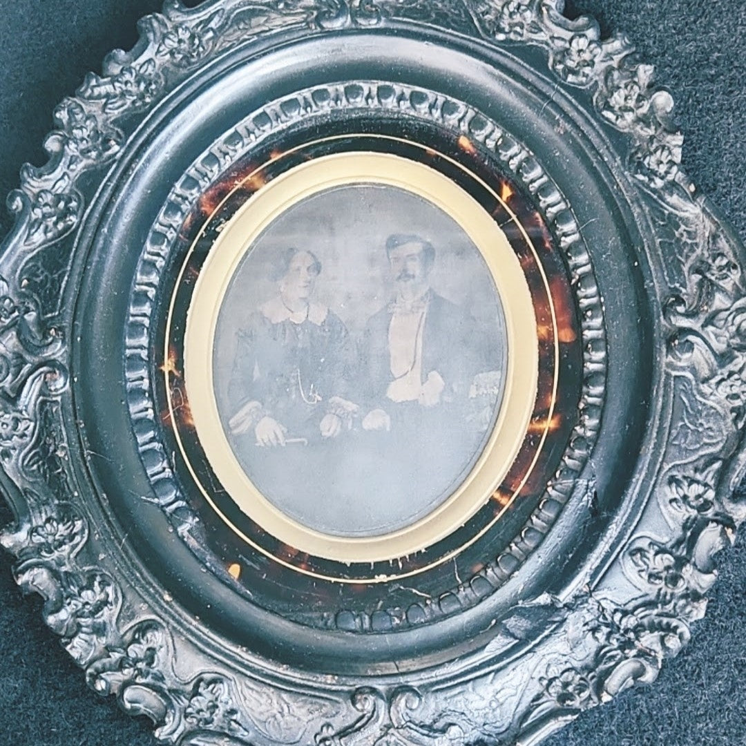 Antique Circa 1850’s Ambrotype Portrait in Black Frame with Tortoiseshell coloured mount.