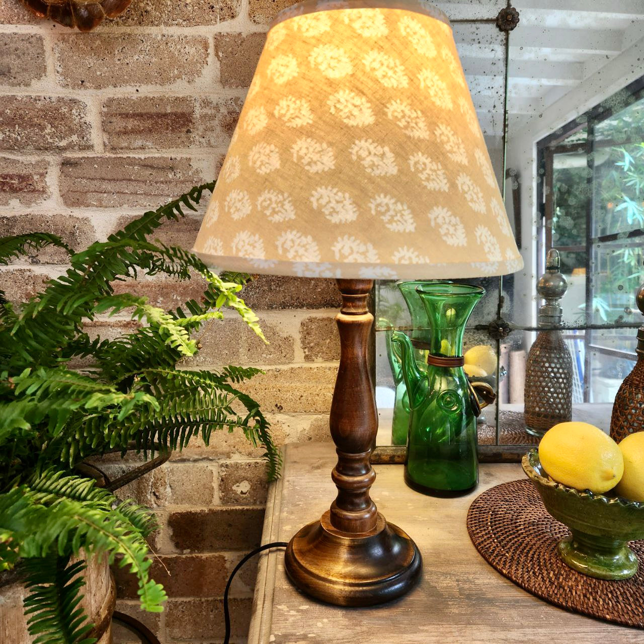 Vintage Wooden Turned Lamp Base with Block Printed Shade