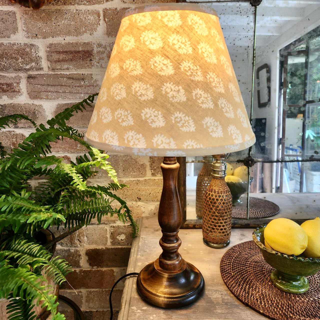 Vintage Wooden Turned Lamp Base with Block Printed Shade