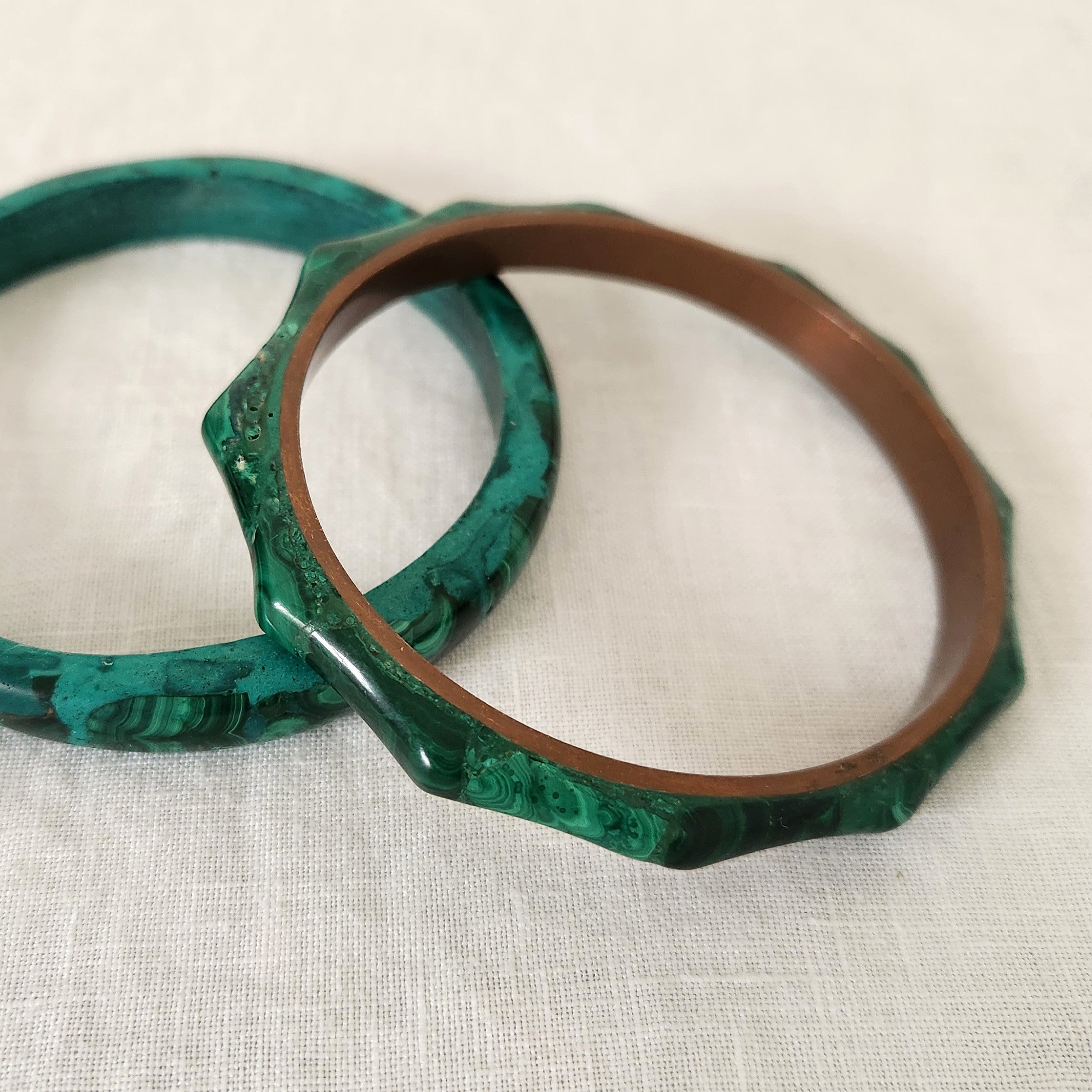 Vintage Carved Malachite Bangle with Copper interior