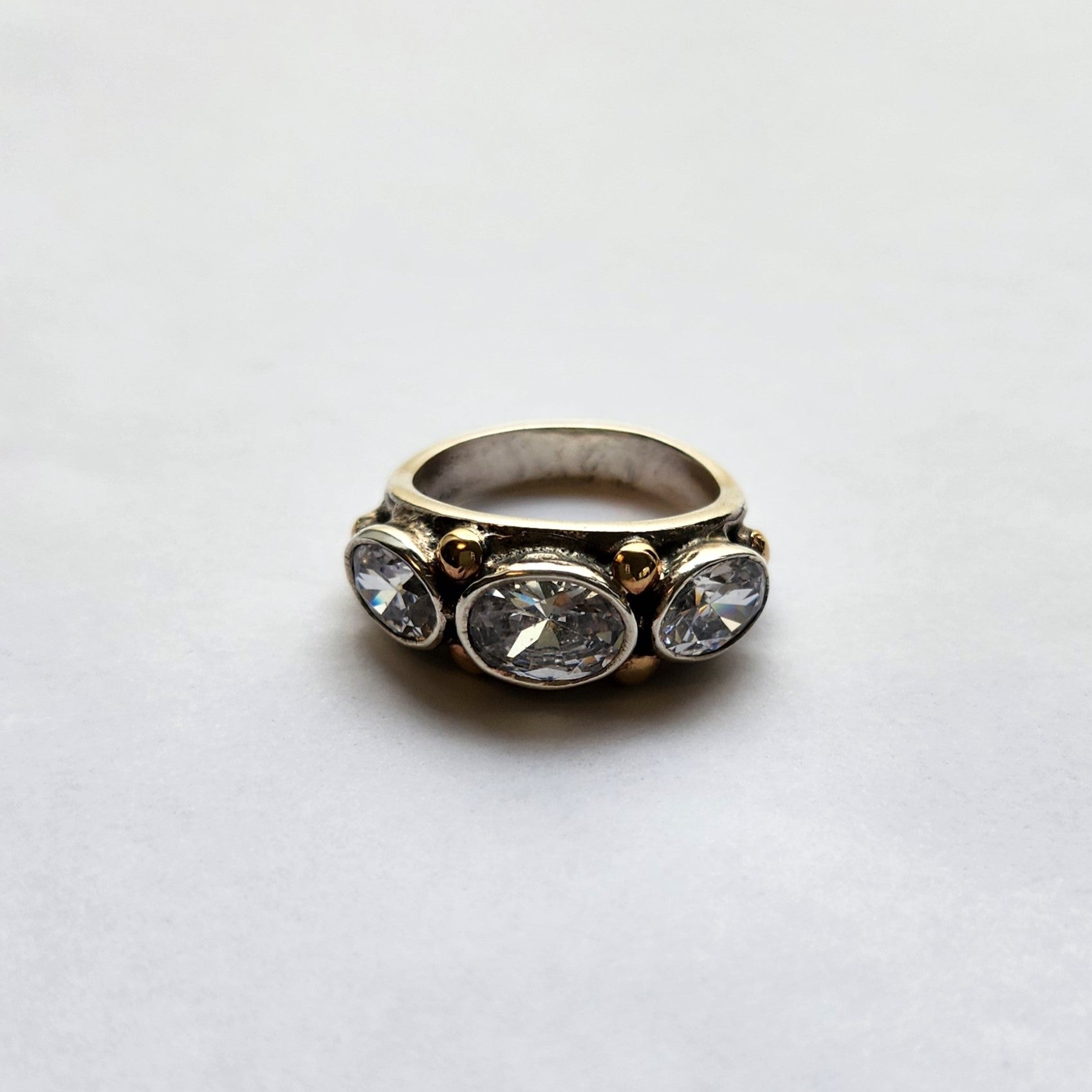 "Adelina" East-West Set Zirconia, 9ct Gold and sterling silver ring