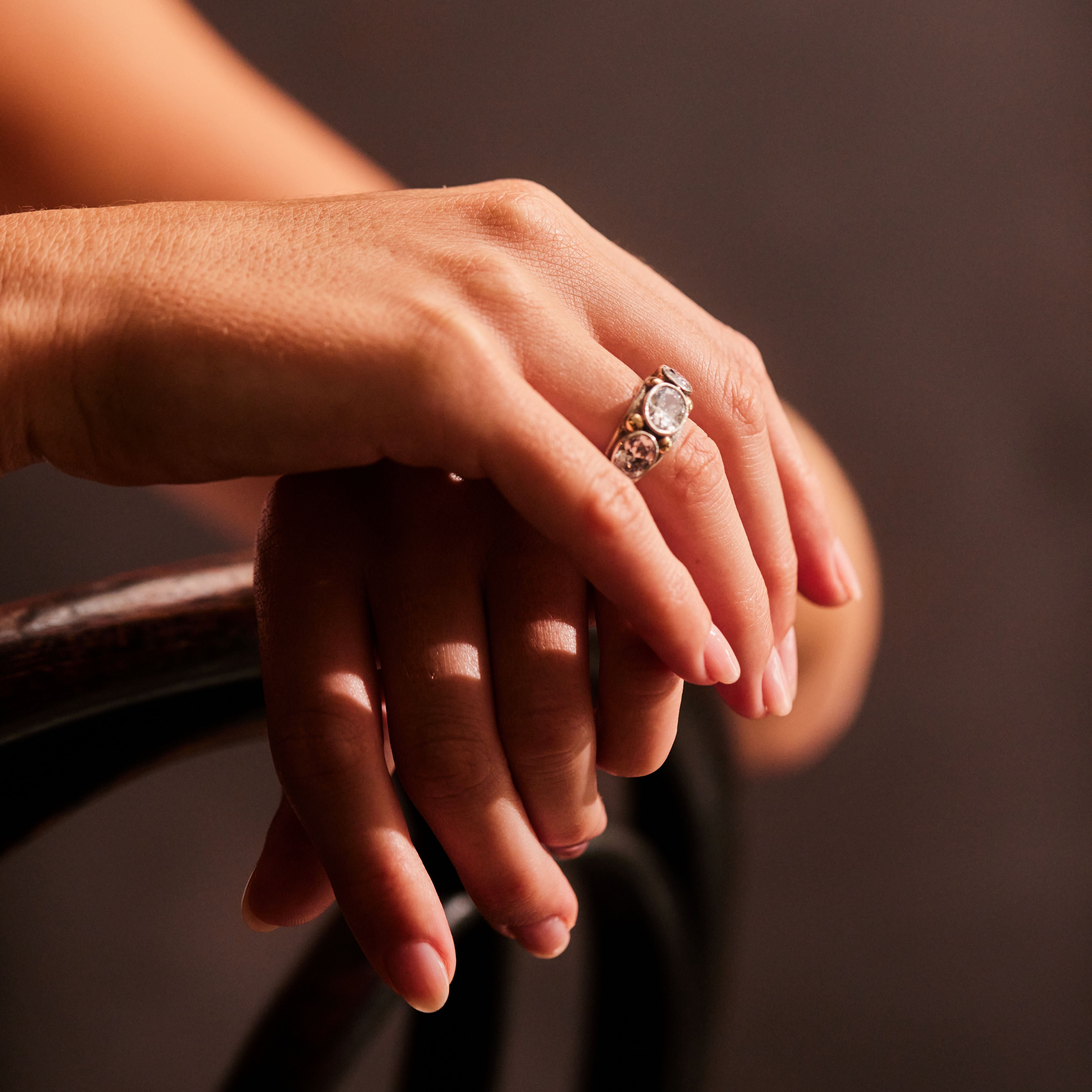 "Adelina" East-West Set Zirconia, 9ct Gold and sterling silver ring